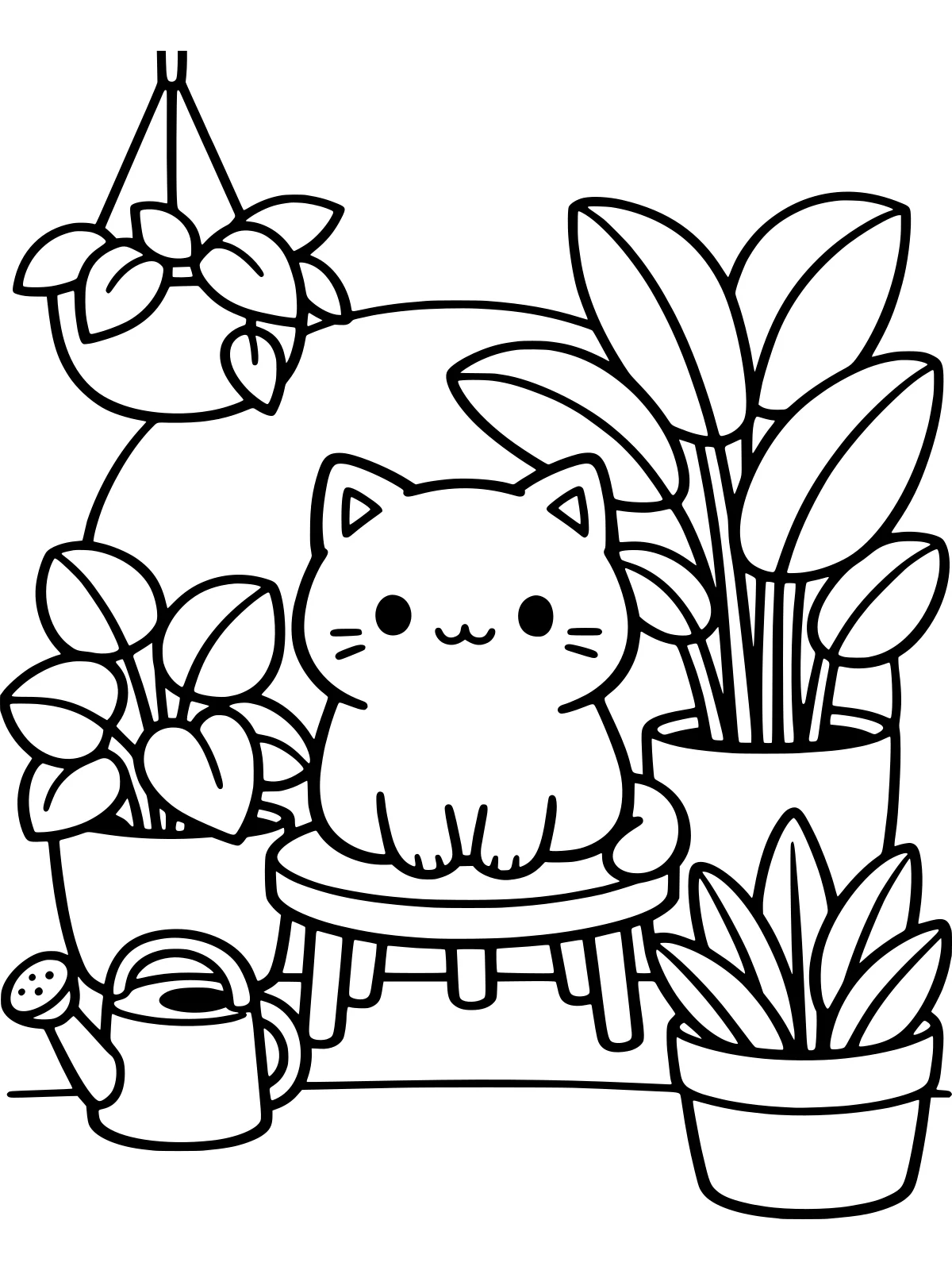 Cat Among Houseplants coloring page: a cute cat sits on a plant stand among four big potted houseplants with large leaves, a watering can and a hanging pot, bold and easy line art