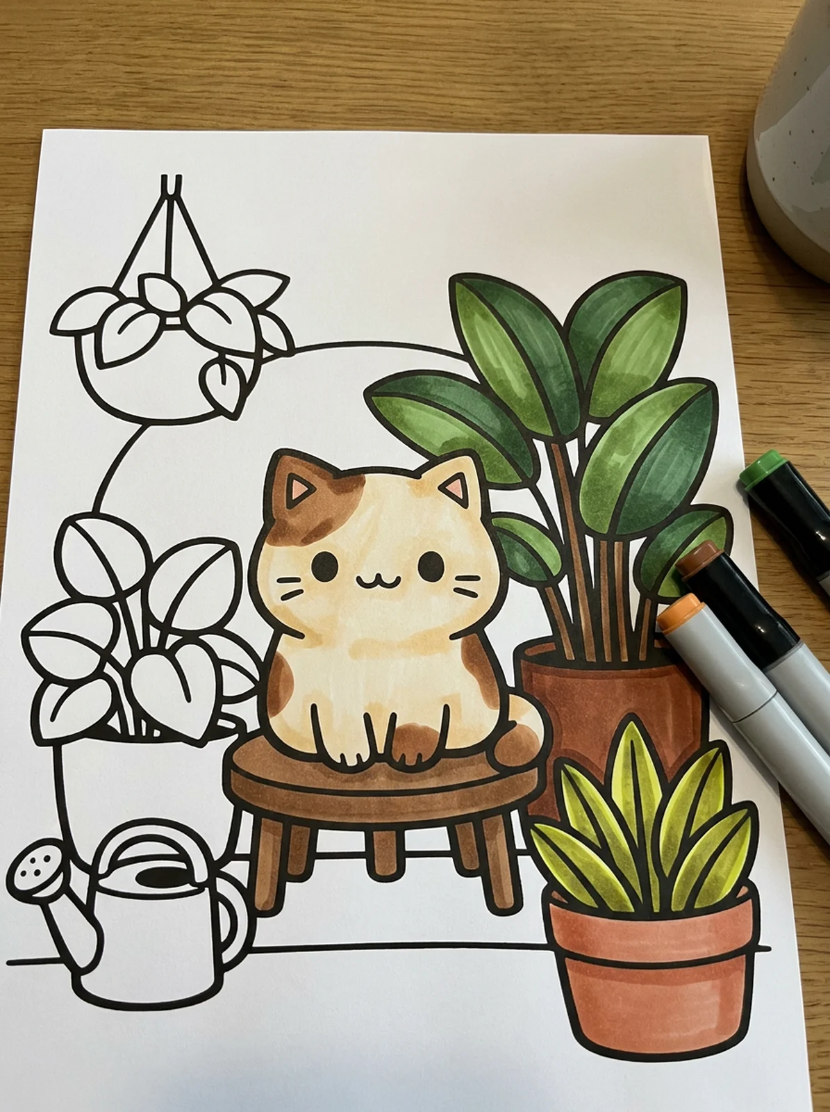 Cat Among Houseplants coloring page printed and half colored with markers