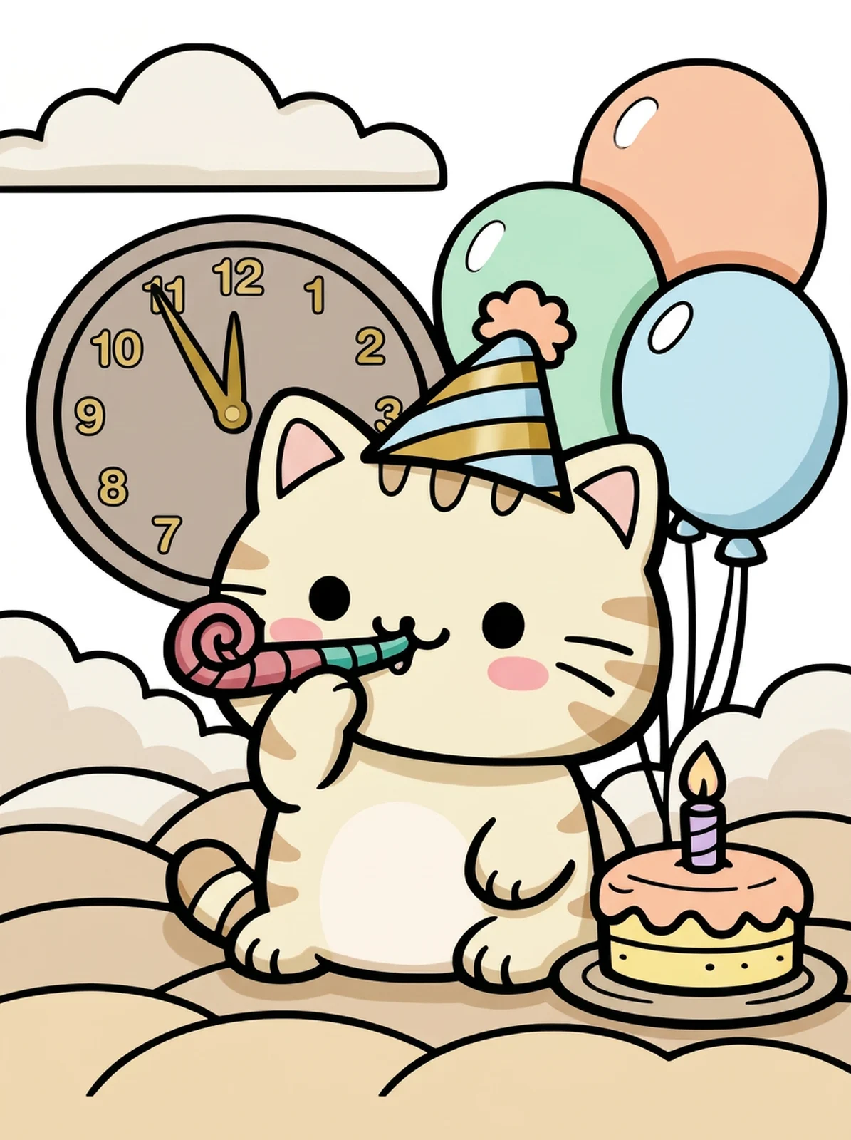 Cat Celebrating New Year's Eve coloring page, colored in