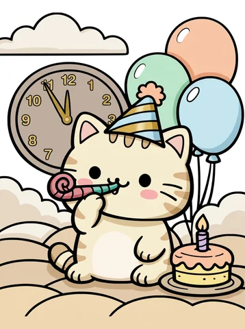 Cat Celebrating New Year's Eve coloring page, colored in