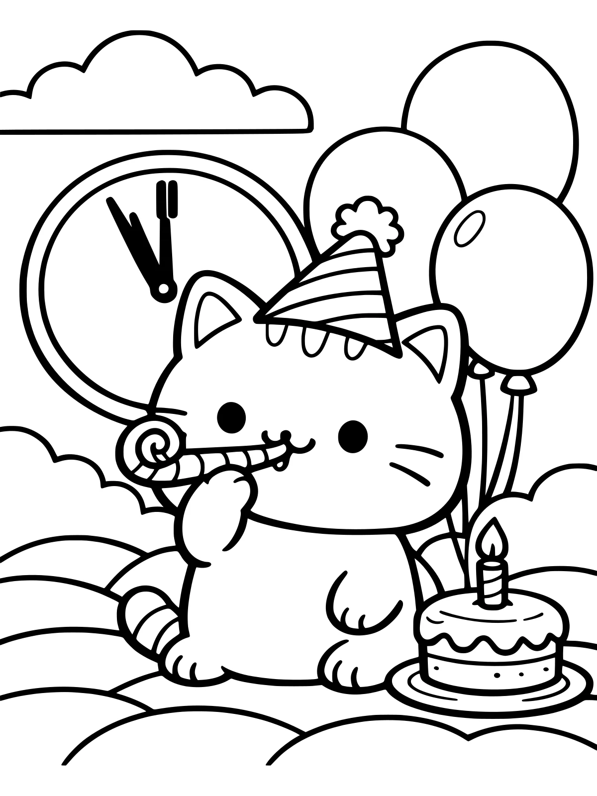 Cat Celebrating New Year's Eve coloring page: a cute cat in a party hat blows a party horn beside a big round clock, three balloons and a small cake with a candle, bold and easy line art