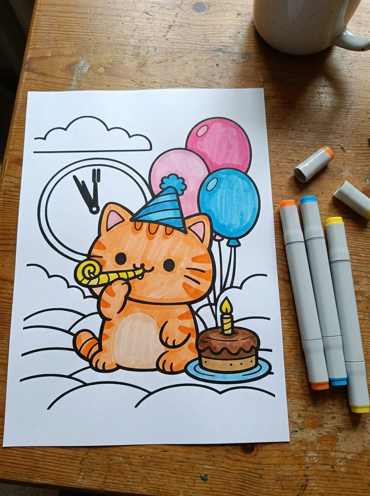Cat Celebrating New Year's Eve coloring page printed and half colored with markers