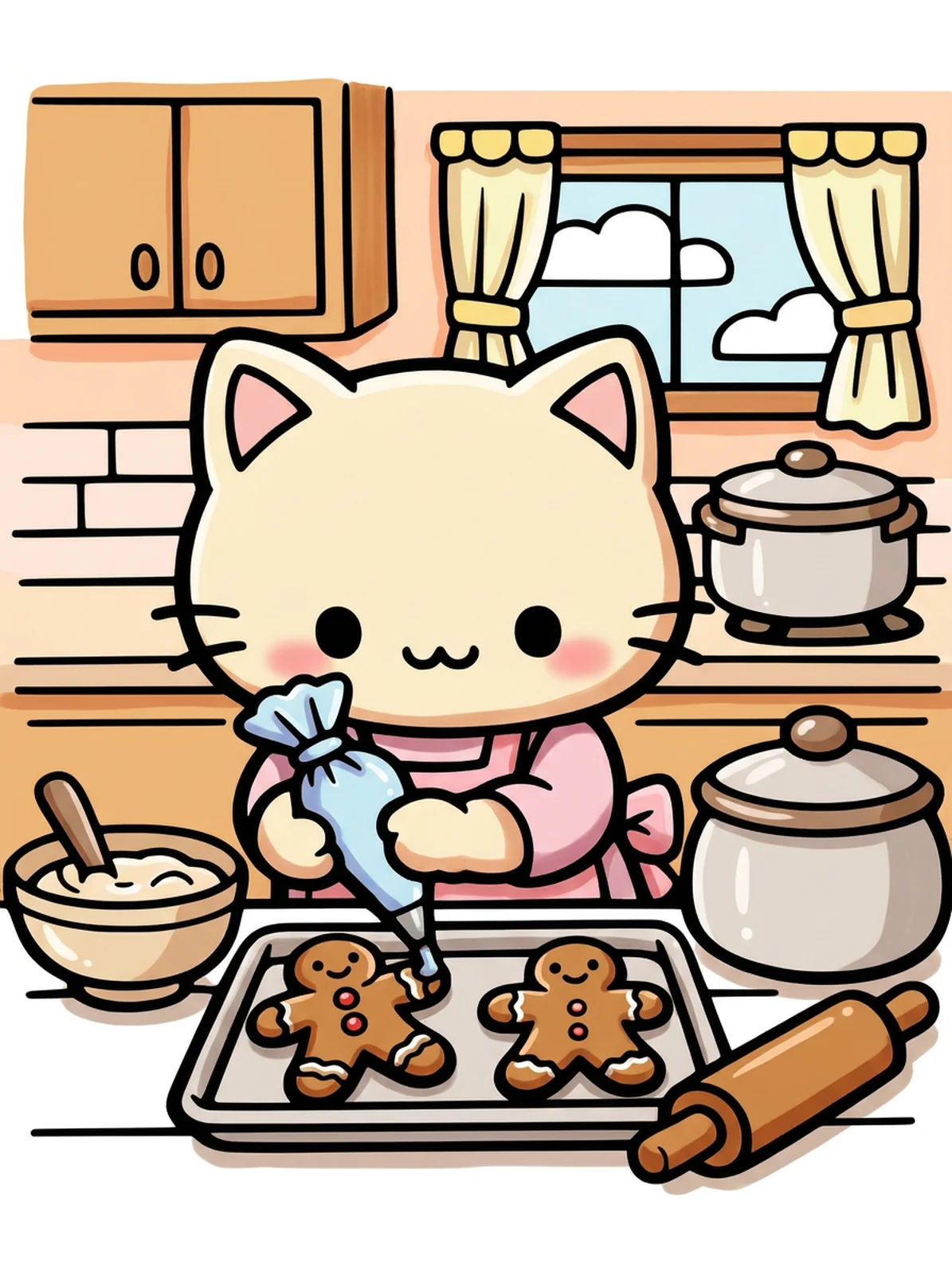 Cat Decorating Gingerbread Cookies coloring page, colored in