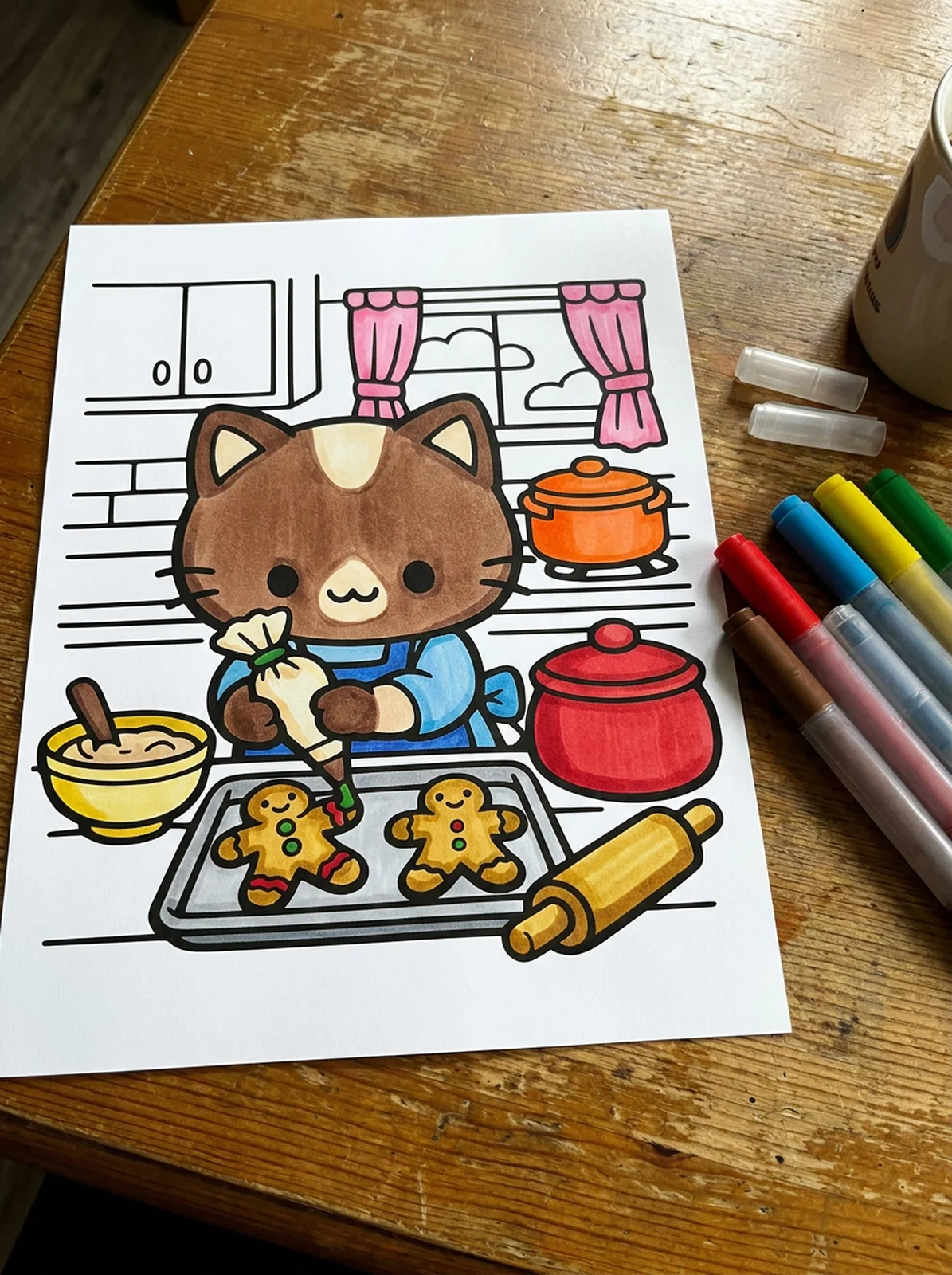 Cat Decorating Gingerbread Cookies coloring page printed and half colored with markers