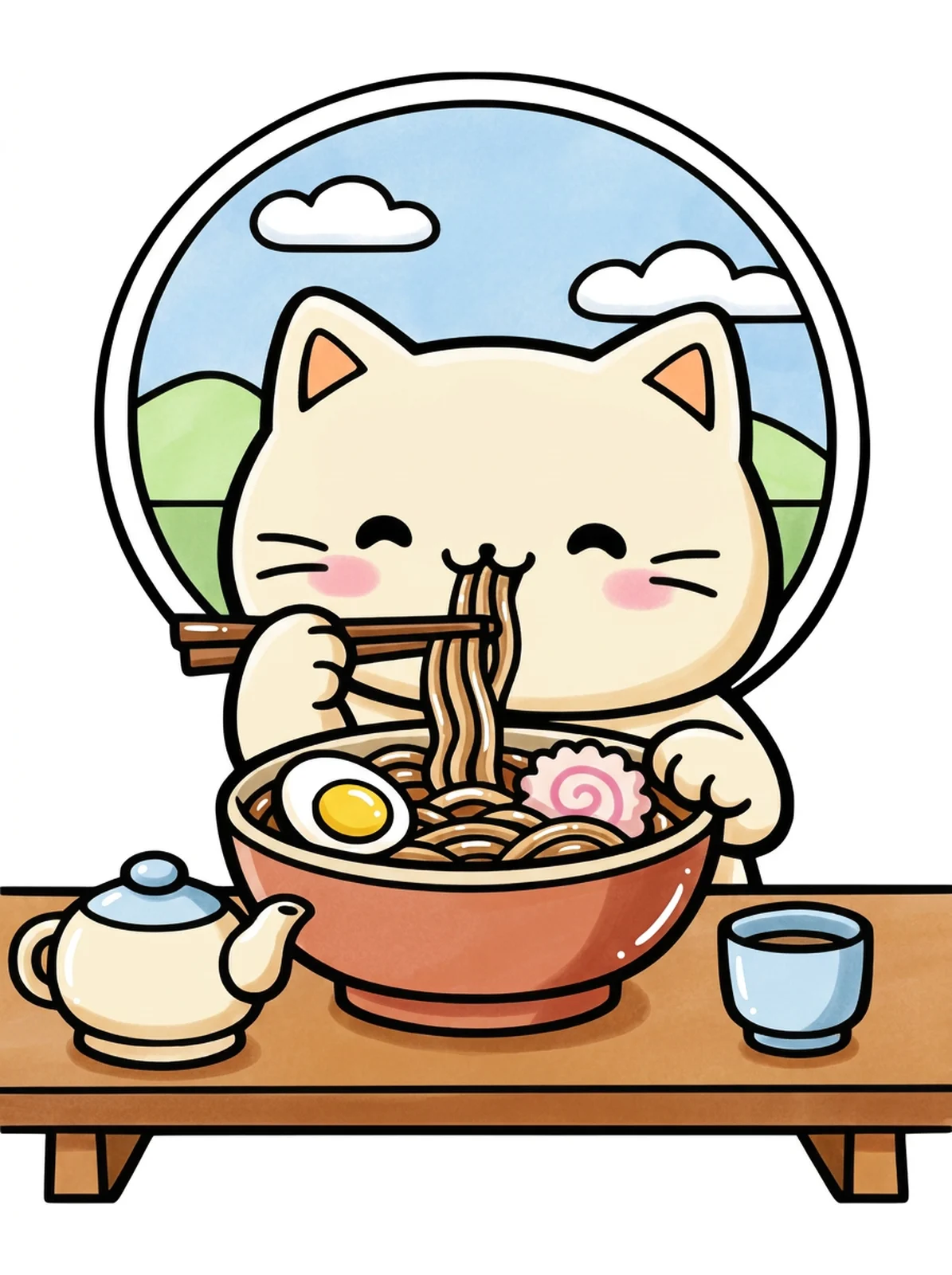 Cat Eating a Bowl of Ramen coloring page, colored in