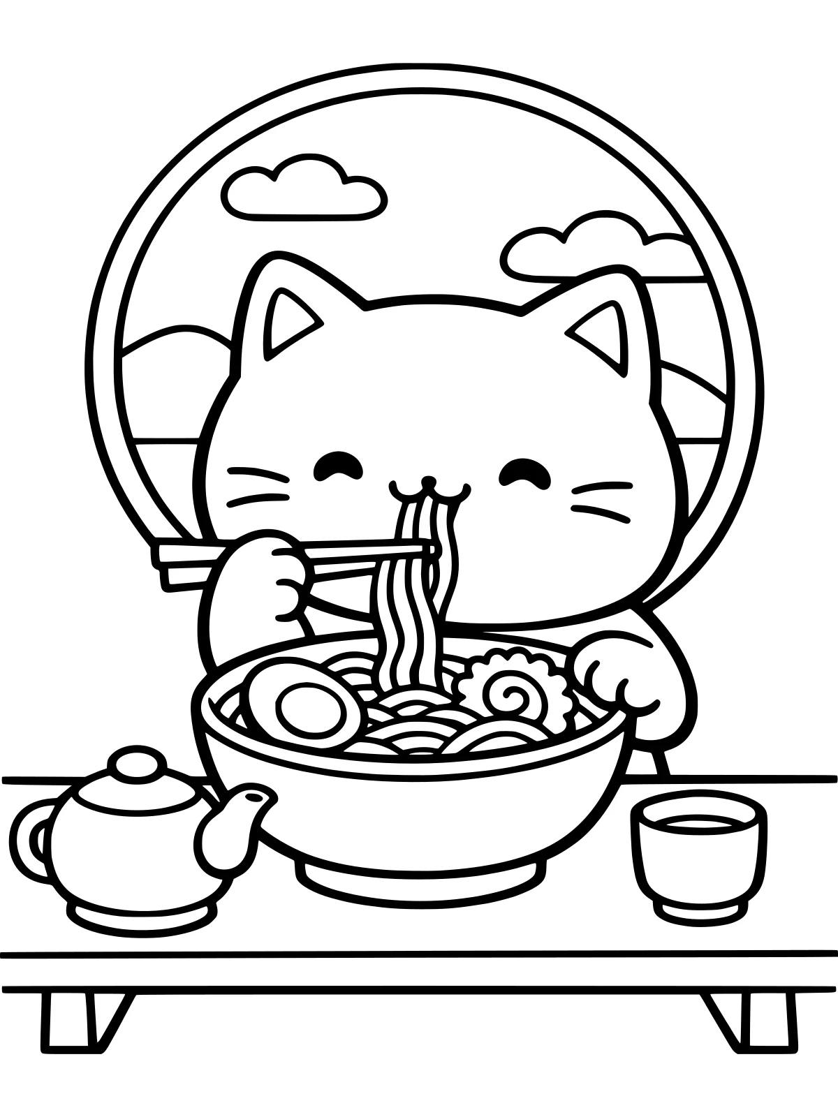 Cat Eating a Bowl of Ramen coloring page: a happy cat slurps ramen with chopsticks at a low table, with an egg and fish cake in the bowl, a teapot and a round window, bold and easy line art