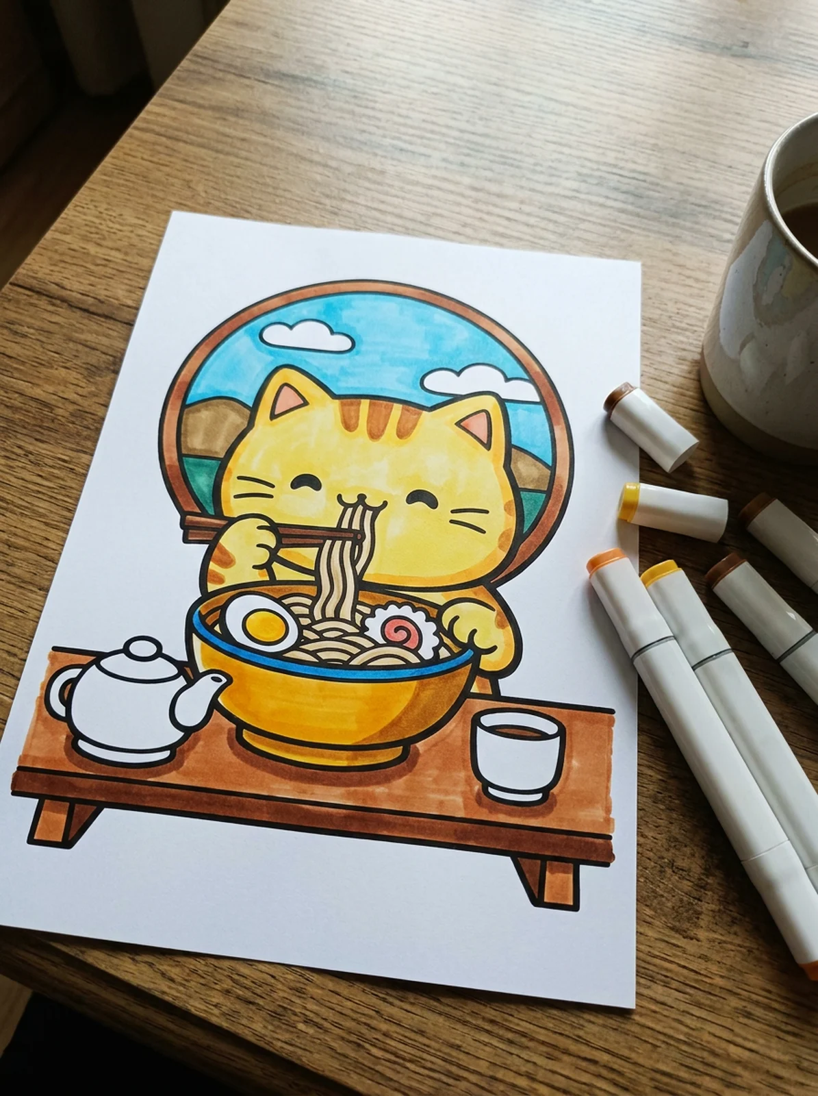 Cat Eating a Bowl of Ramen coloring page printed and half colored with markers