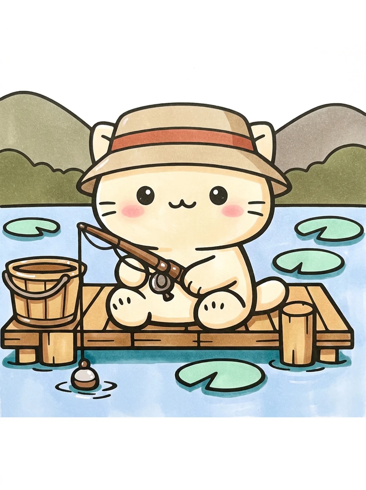 Cat Fishing on a Wooden Dock coloring page, colored in