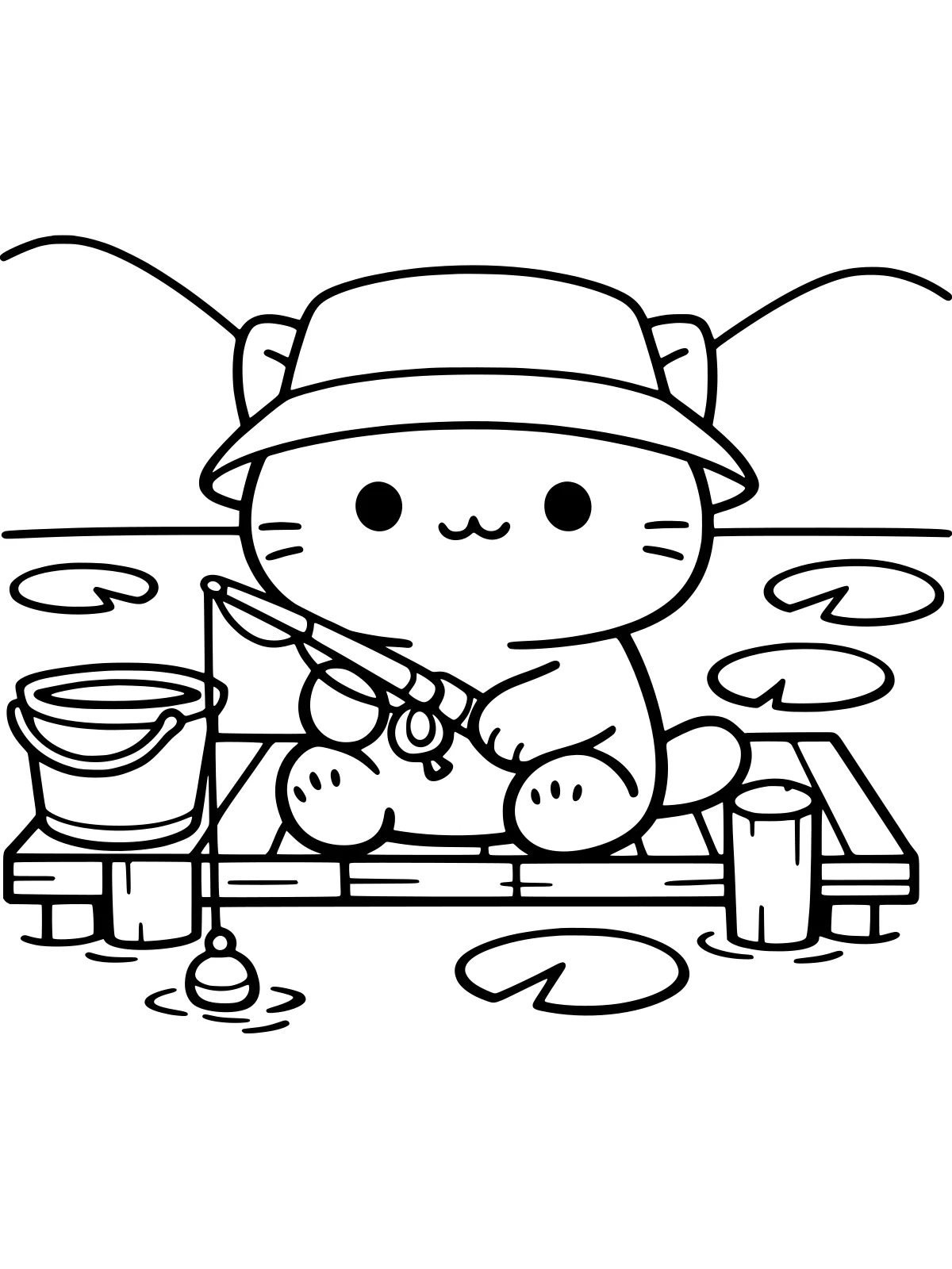 Cat Fishing on a Wooden Dock coloring page: a cute cat in a bucket hat fishes from a small wooden dock, with a bucket beside it, lily pads on the lake and hills behind, bold and easy line art