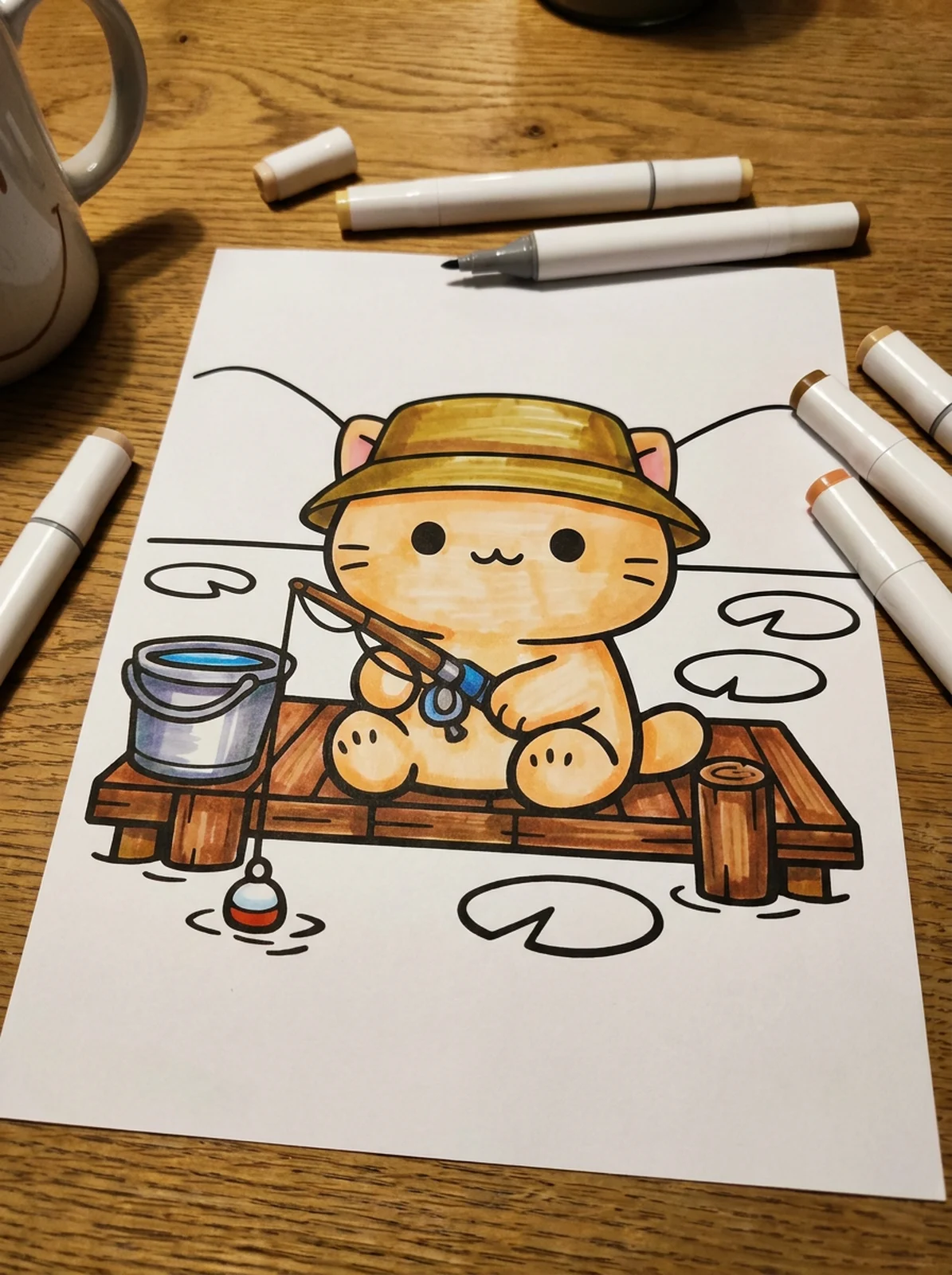Cat Fishing on a Wooden Dock coloring page printed and half colored with markers