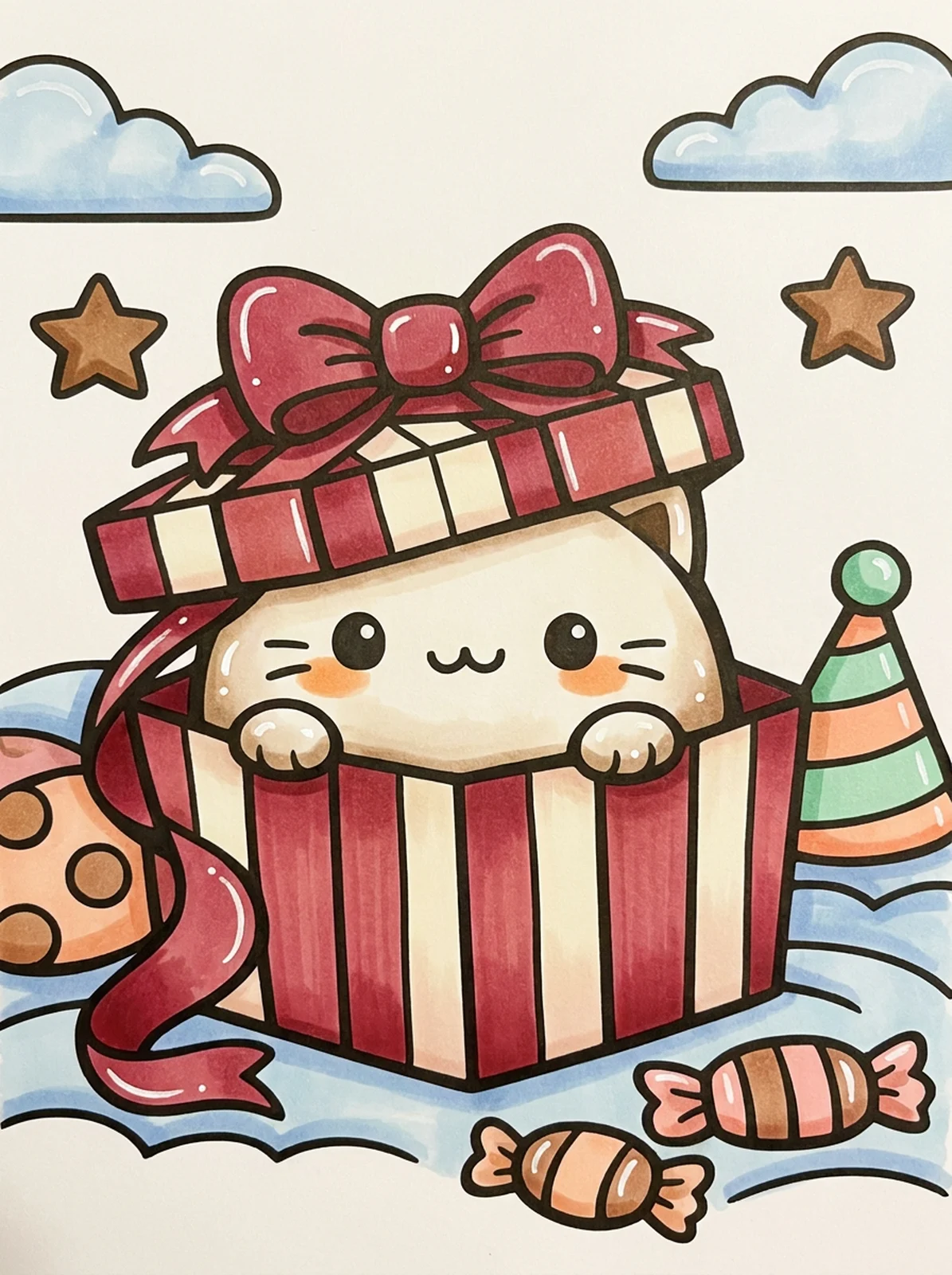 Cat Hiding in a Gift Box coloring page, colored in
