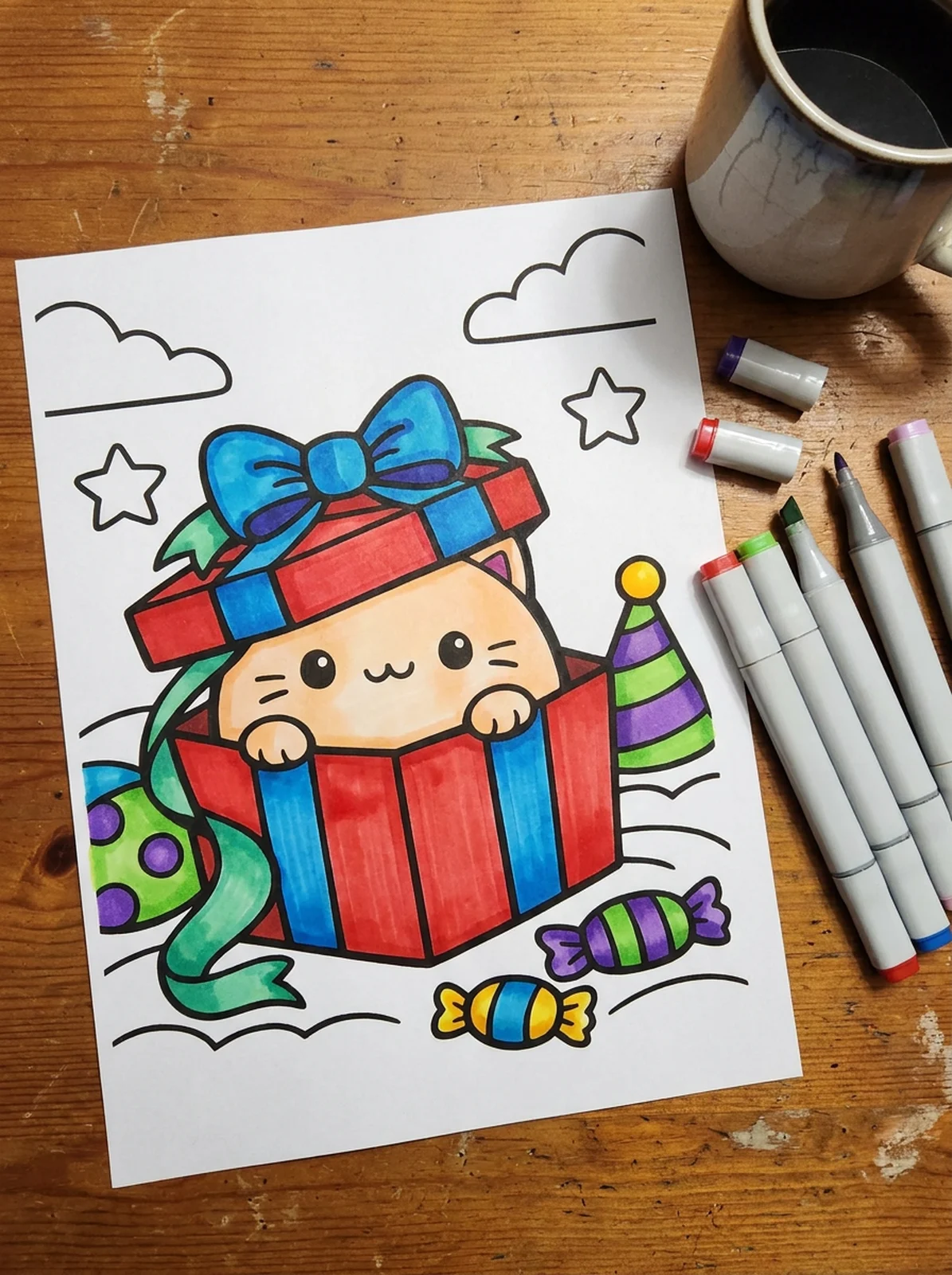 Cat Hiding in a Gift Box coloring page printed and half colored with markers