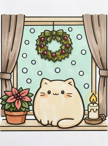 Cat in a Christmas Window coloring page, colored in