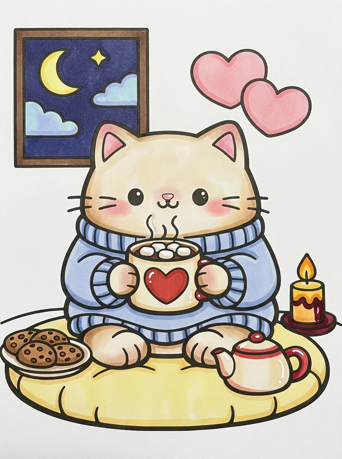Cat in a Cozy Sweater coloring page, colored in