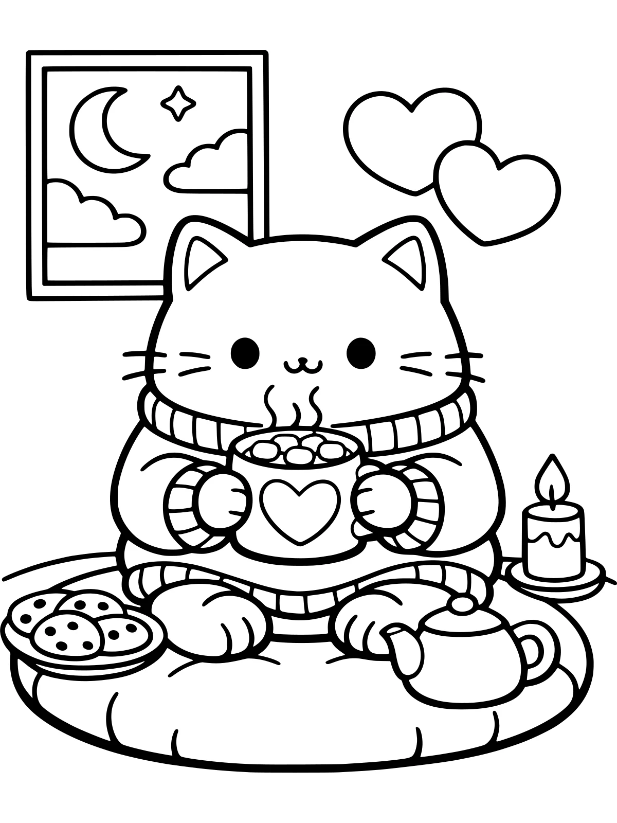 Cat in a Cozy Sweater coloring page: a chubby cat in an oversized sweater with one big heart holds a mug of hot cocoa while sitting on a round cushion, bold and easy line art