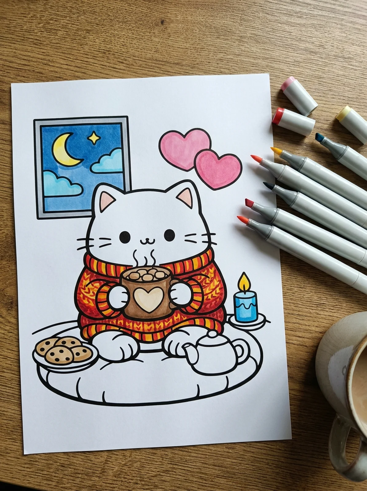 Cat in a Cozy Sweater coloring page printed and half colored with markers