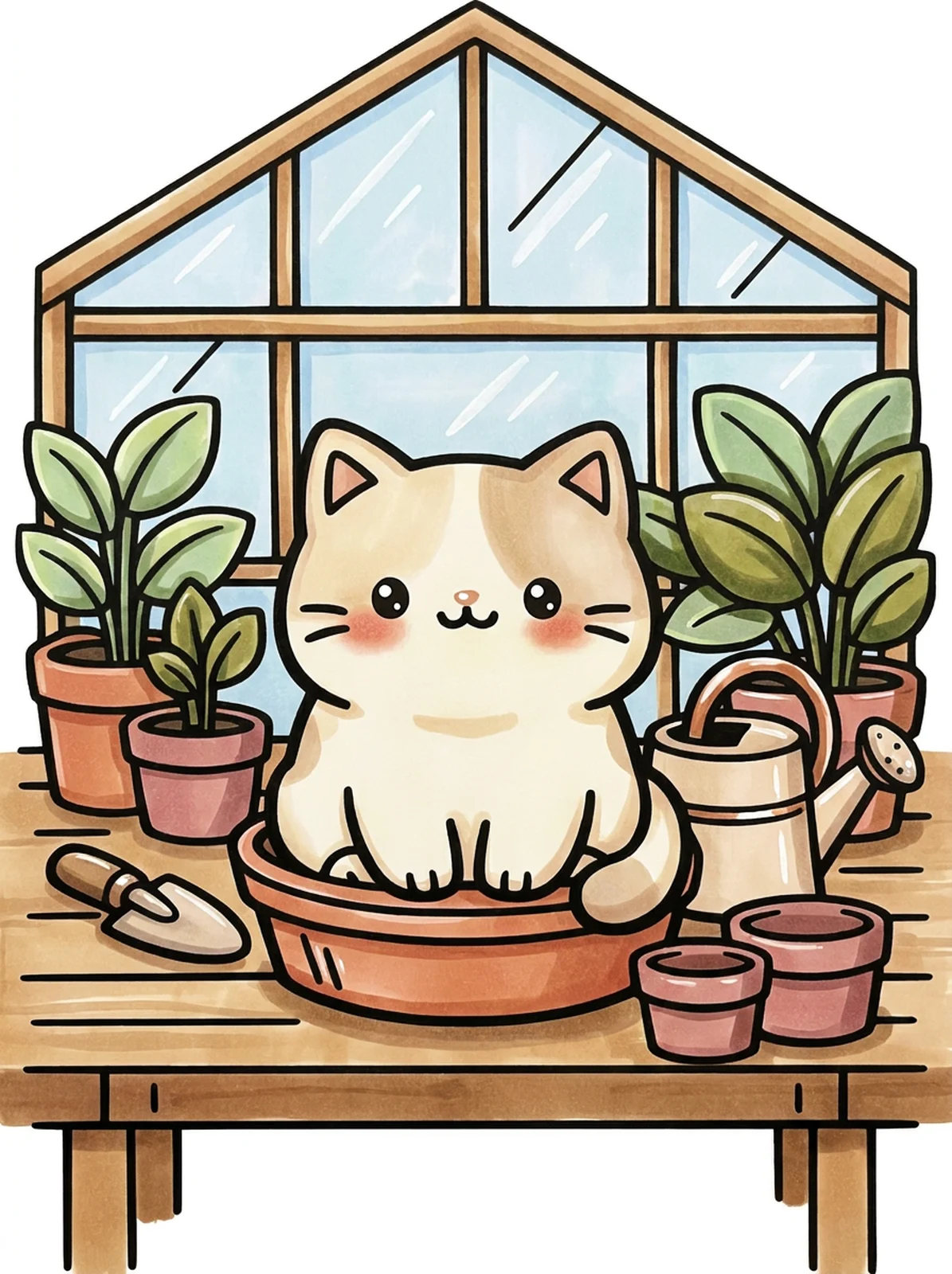 Cat in a Little Greenhouse coloring page, colored in
