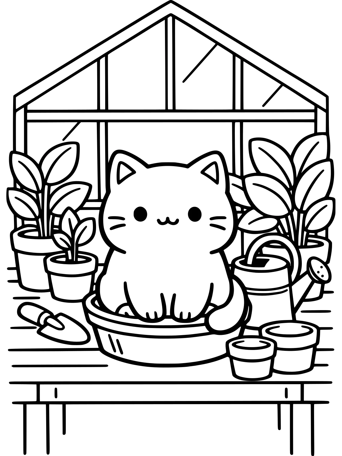 Cat in a Little Greenhouse coloring page: a cute cat sits in a terracotta bowl on a potting table inside a small greenhouse, with big-leafed potted plants, a watering can and a trowel, bold and easy line art