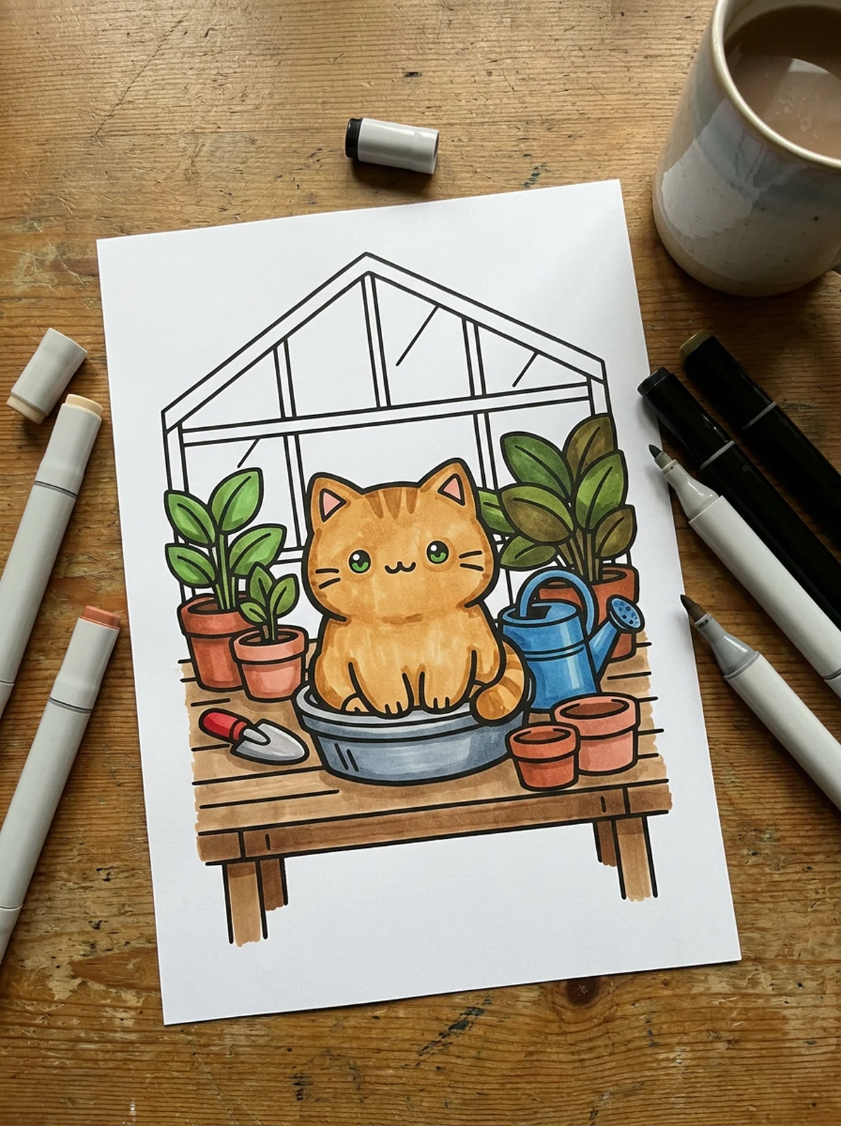 Cat in a Little Greenhouse coloring page printed and half colored with markers