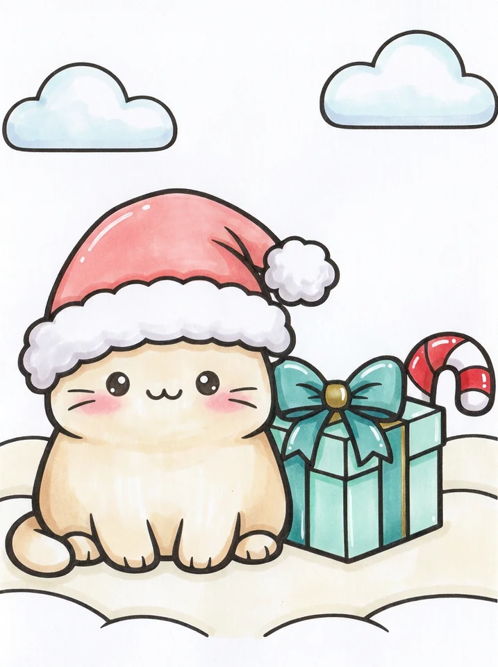 Cat in a Santa Hat coloring page, colored in