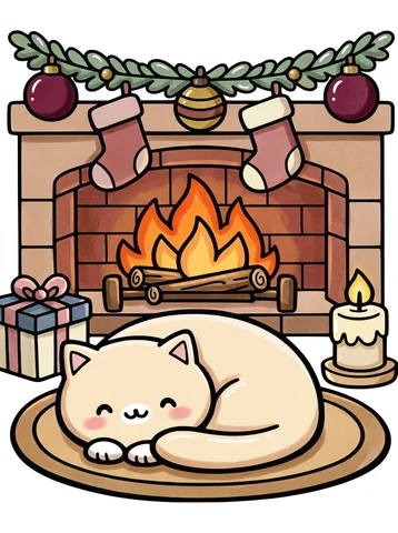 Cat Napping by the Fireplace coloring page, colored in