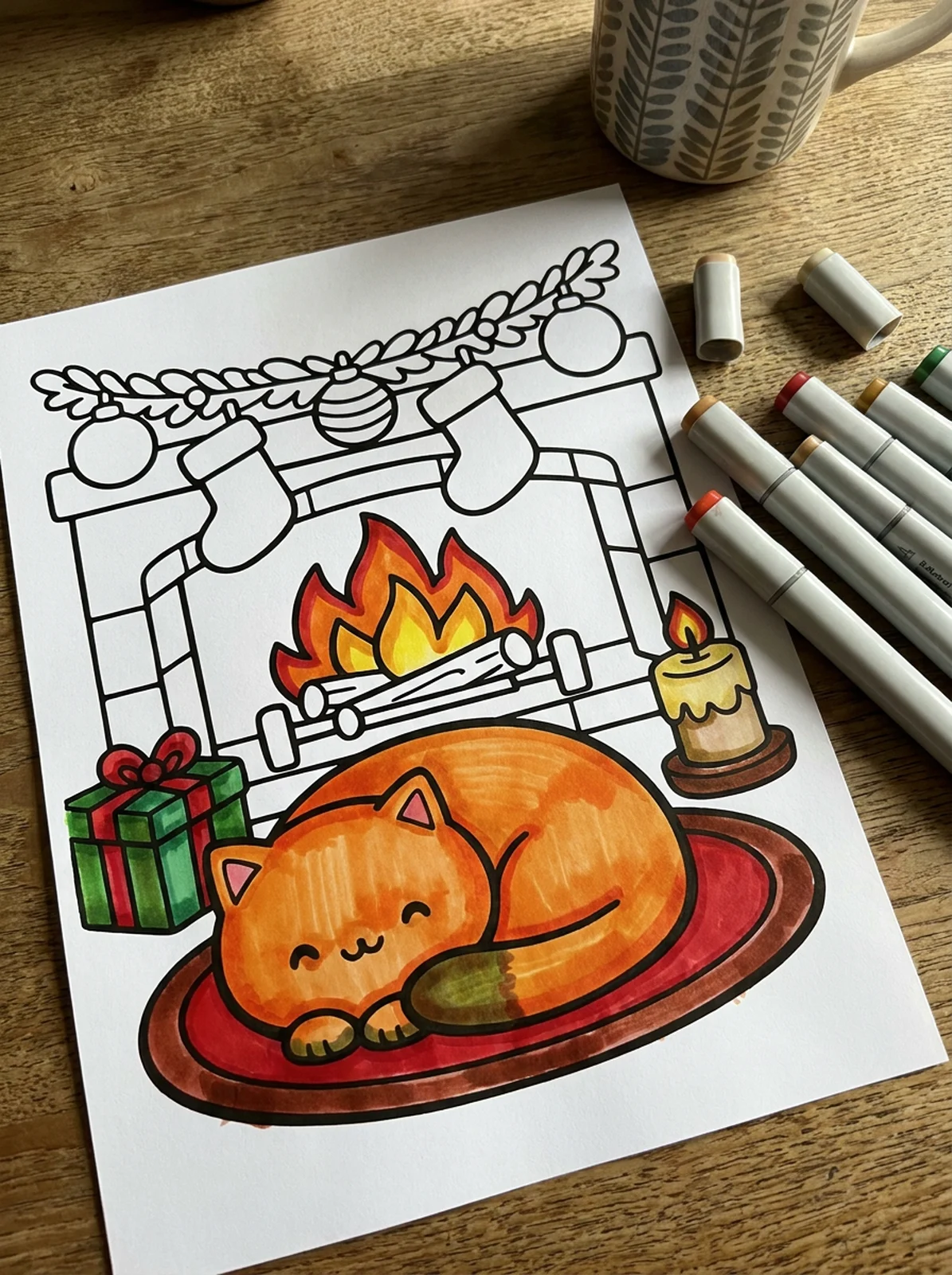 Cat Napping by the Fireplace coloring page printed and half colored with markers