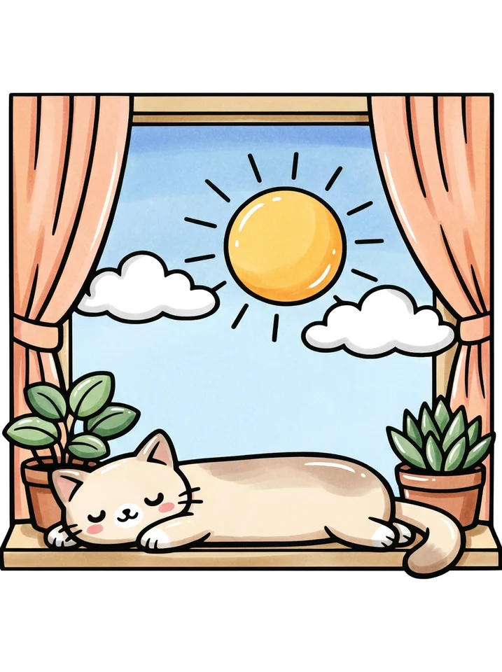 Cat Napping on a Sunny Windowsill coloring page, colored in