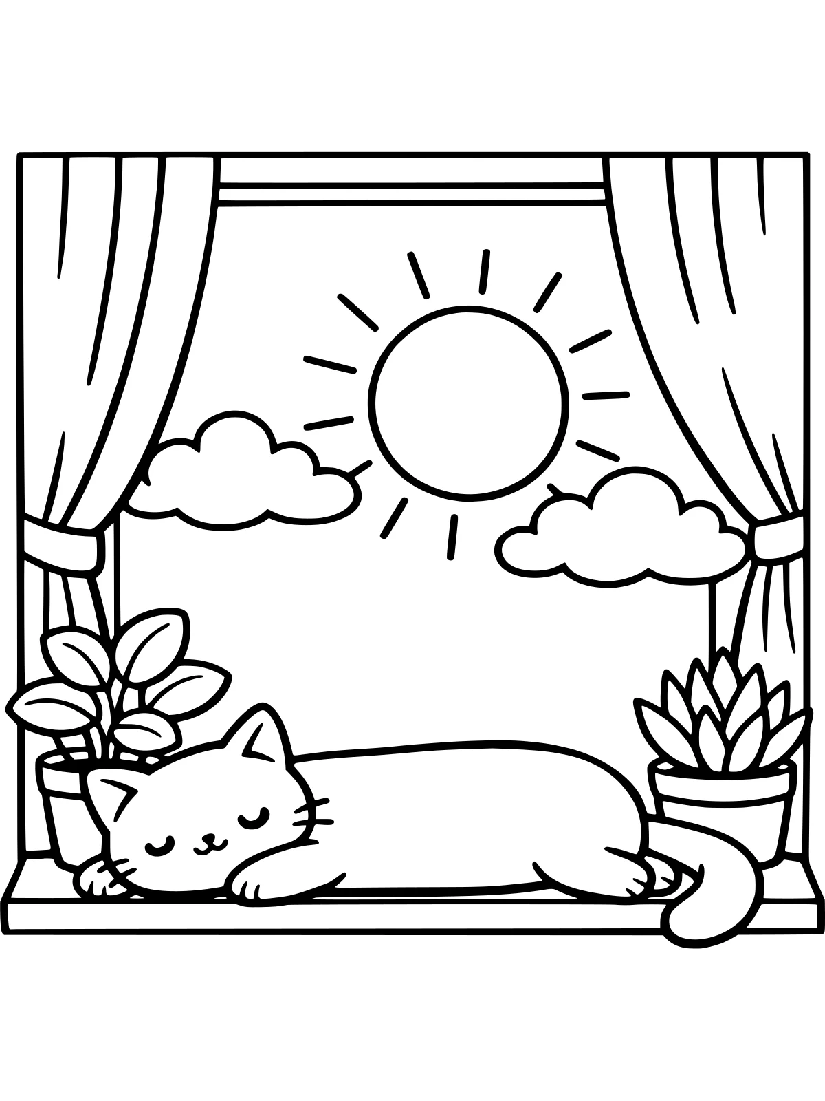Cat Napping on a Sunny Windowsill coloring page: a long cat stretches out asleep on a wide sunny windowsill between two potted plants, with curtains and a big sun outside, bold and easy line art
