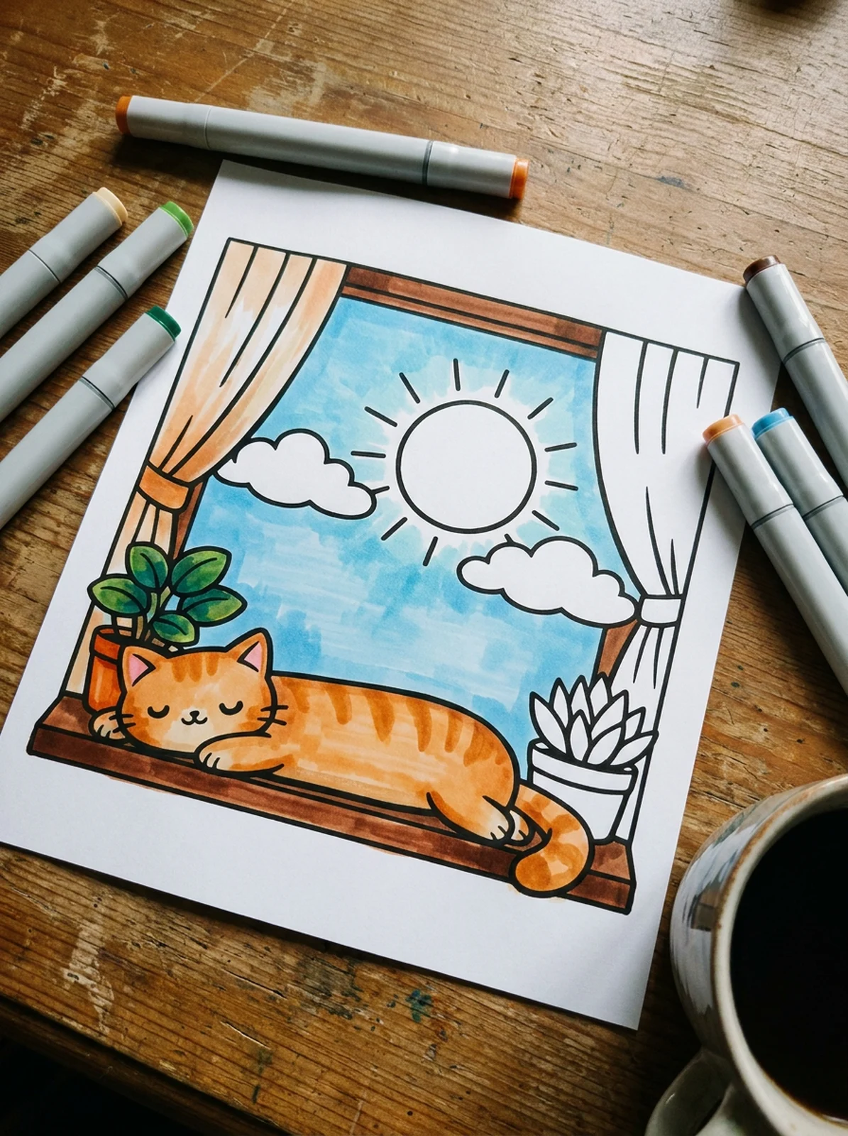 Cat Napping on a Sunny Windowsill coloring page printed and half colored with markers