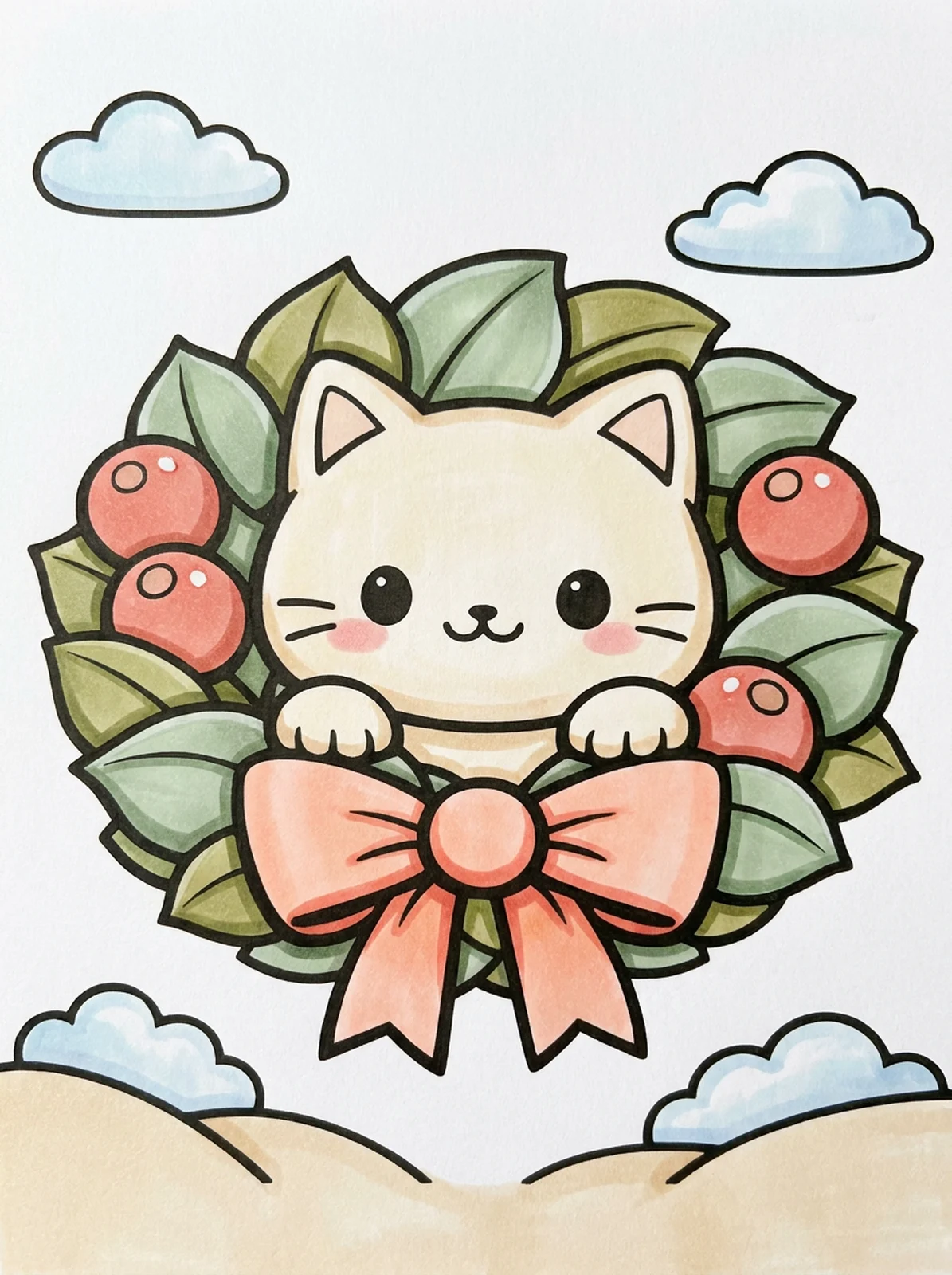 Cat Peeking Through a Christmas Wreath coloring page, colored in