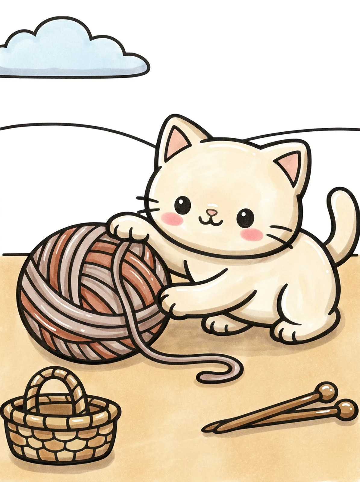 Cat Playing with a Ball of Yarn coloring page, colored in