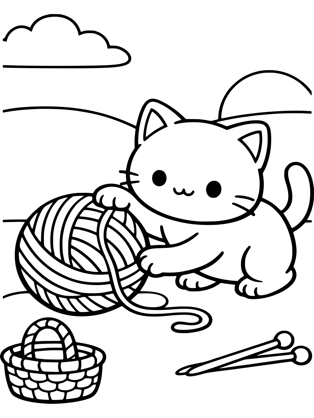 Cat Playing with a Ball of Yarn coloring page: a playful cat bats a big ball of yarn with a loose strand winding away, next to a small basket and two knitting needles, bold and easy line art