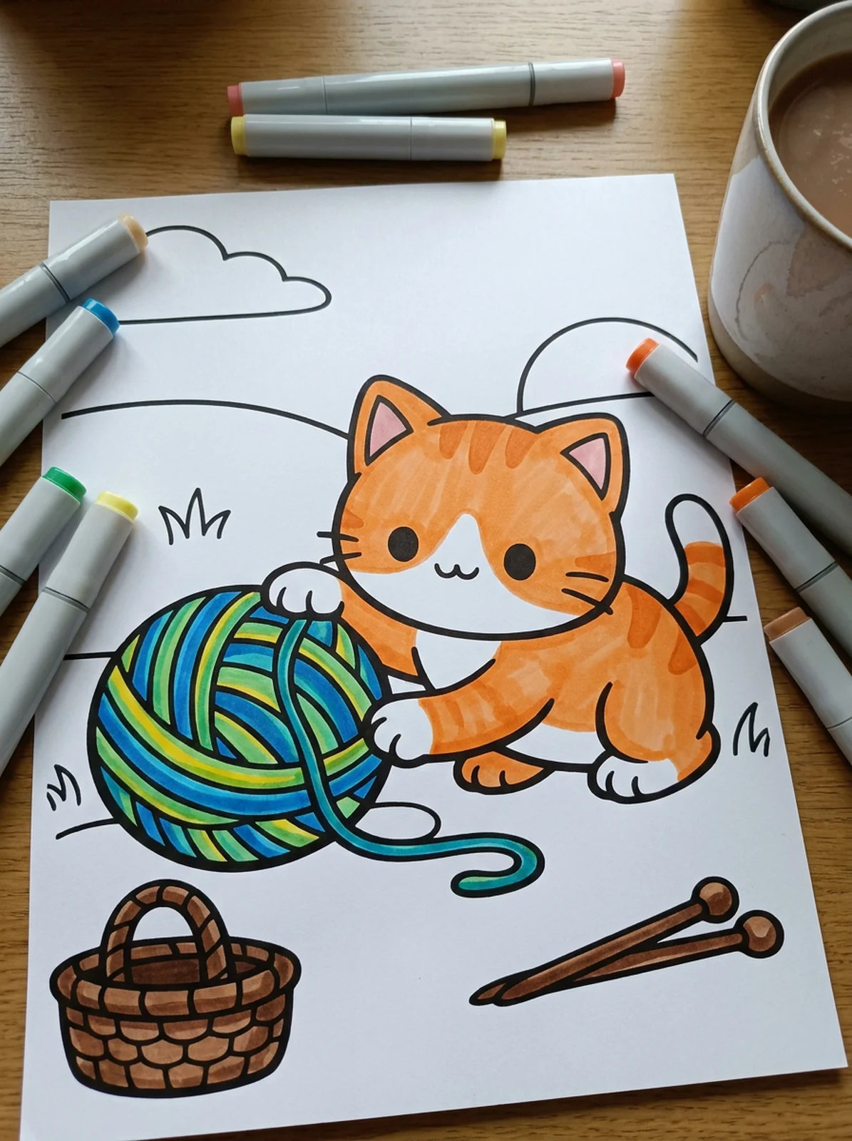Cat Playing with a Ball of Yarn coloring page printed and half colored with markers