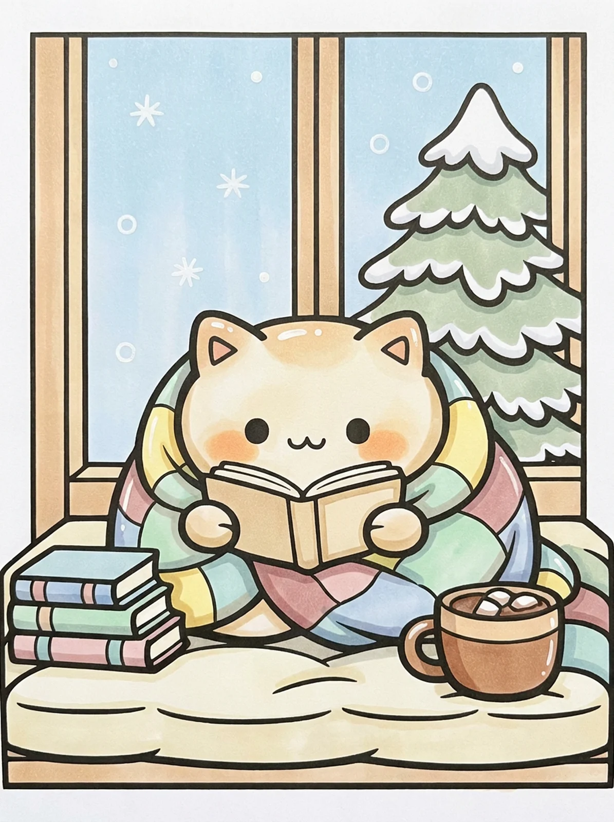 Cat Reading a New Book in January coloring page, colored in