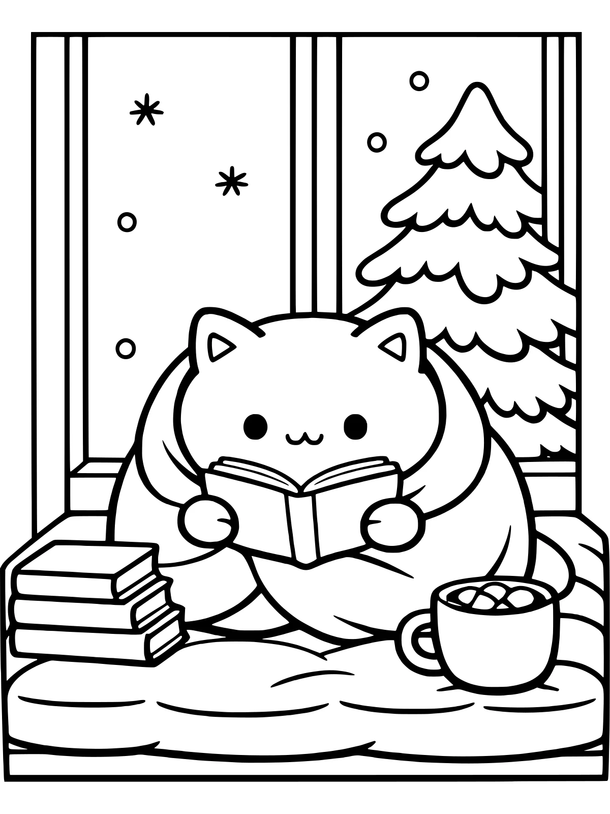 Cat Reading a New Book in January coloring page: a round cat wrapped in a blanket starts a new book on a window seat, beside three books, a mug of cocoa and a snowy pine, bold and easy line art