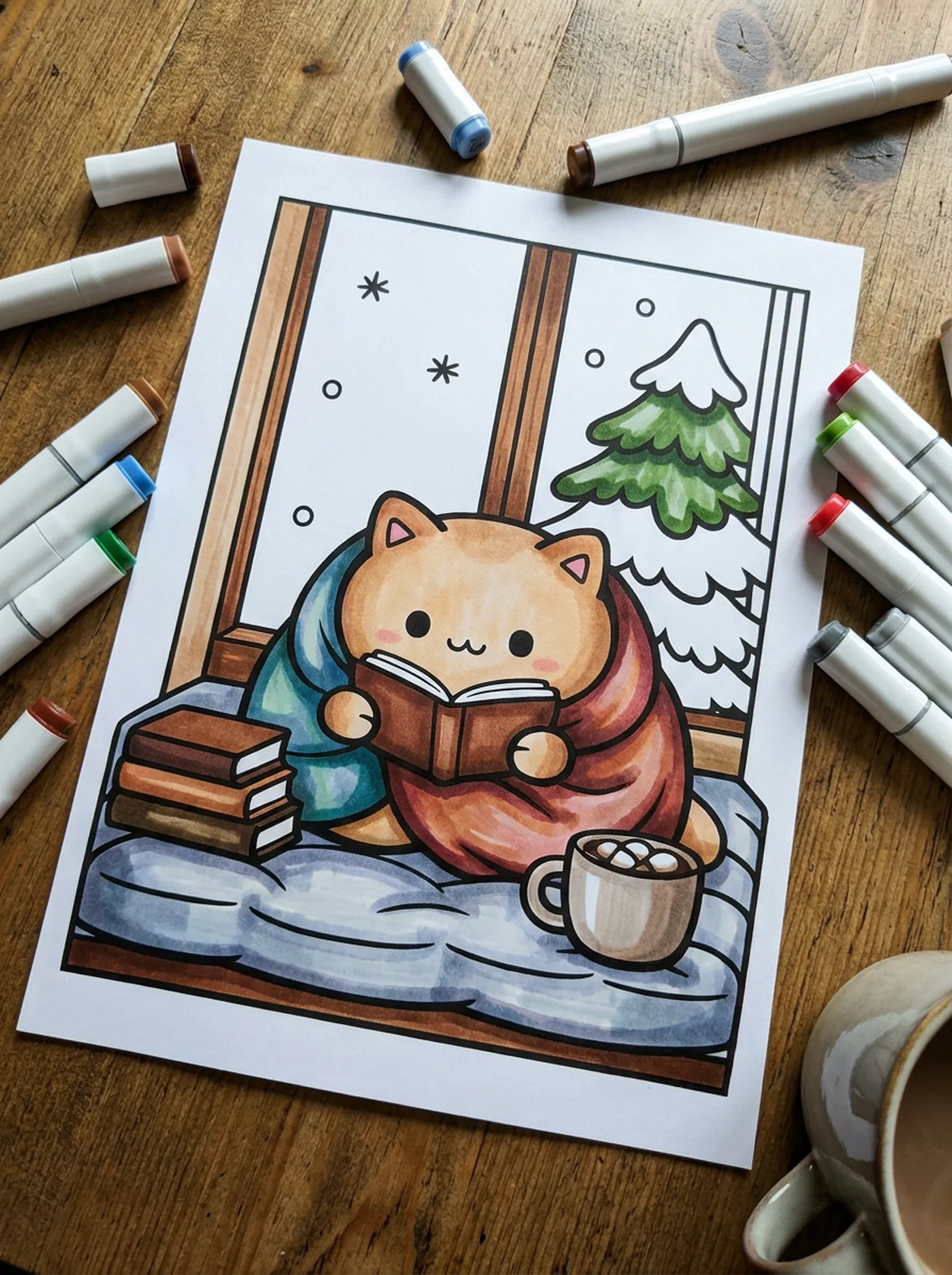 Cat Reading a New Book in January coloring page printed and half colored with markers