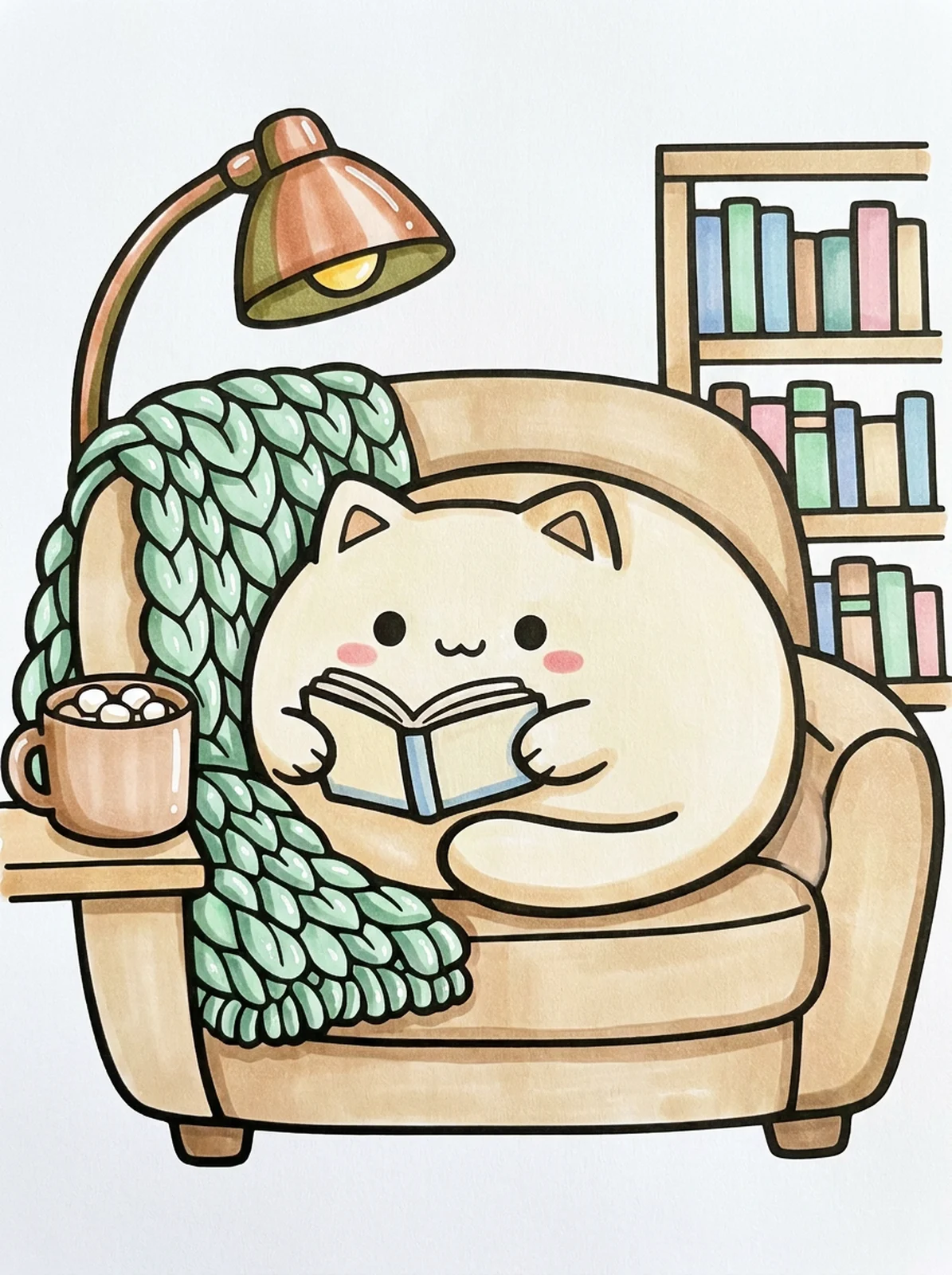 Cat Reading in an Armchair coloring page, colored in