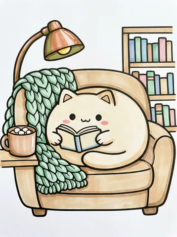 Cat Reading in an Armchair coloring page, colored in