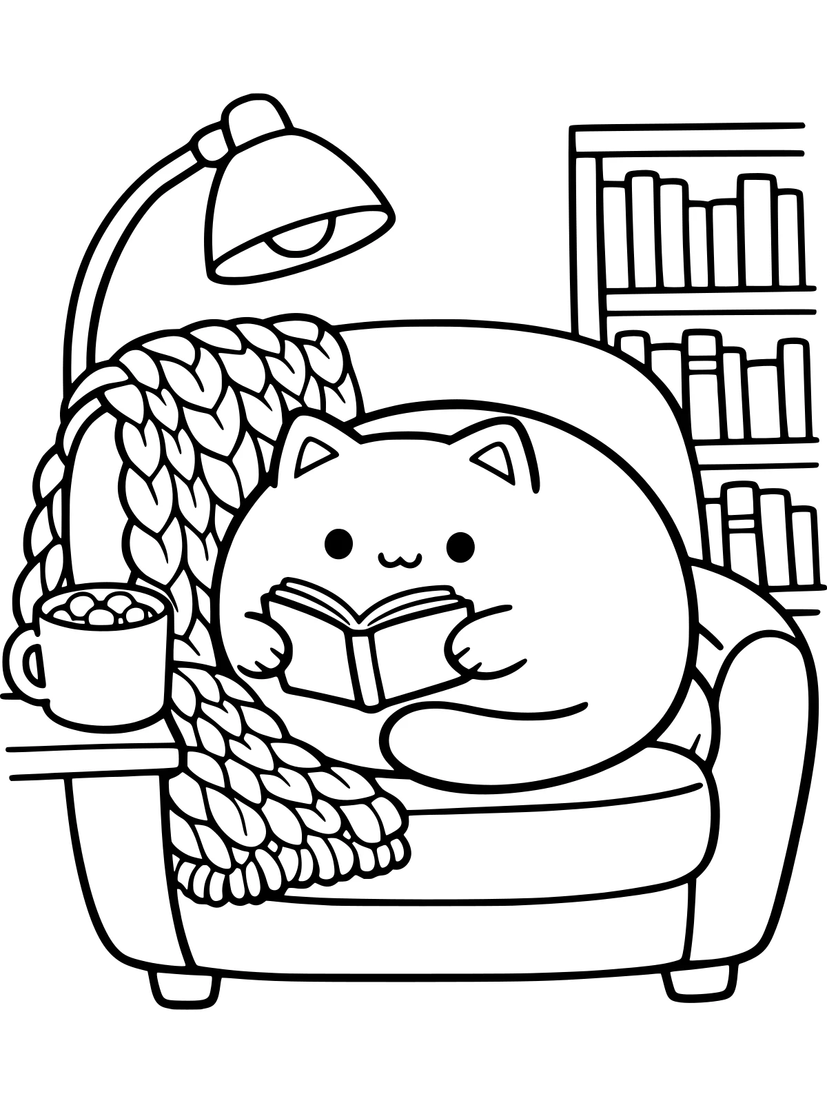 Medium coloring page: a cat reading in an armchair beside a lamp and bookshelf