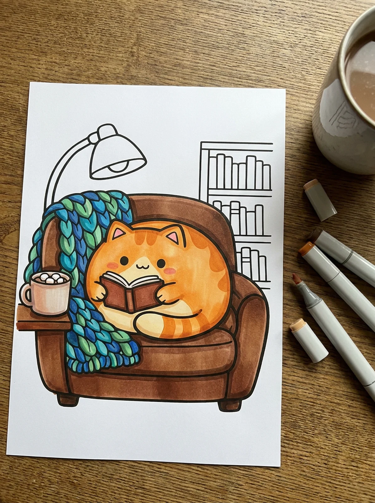 A printed coloring page of a cat reading in an armchair, partly colored with markers, next to uncapped markers and a mug
