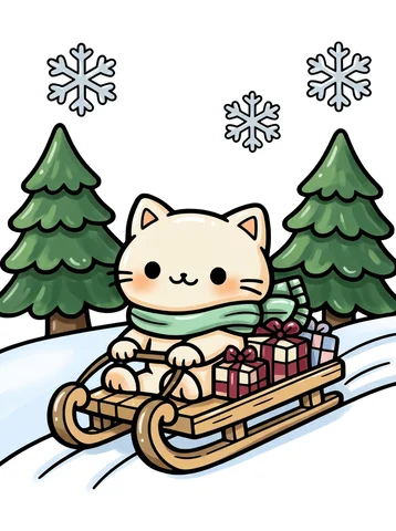 Cat Riding a Christmas Sleigh coloring page, colored in