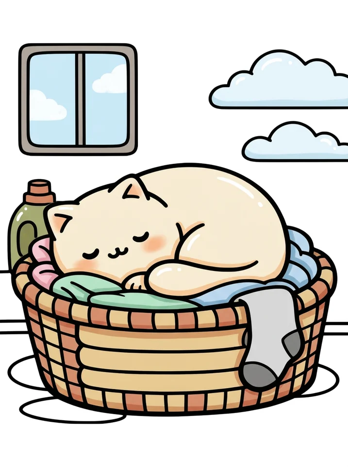 Cat Sleeping in a Laundry Basket coloring page, colored in
