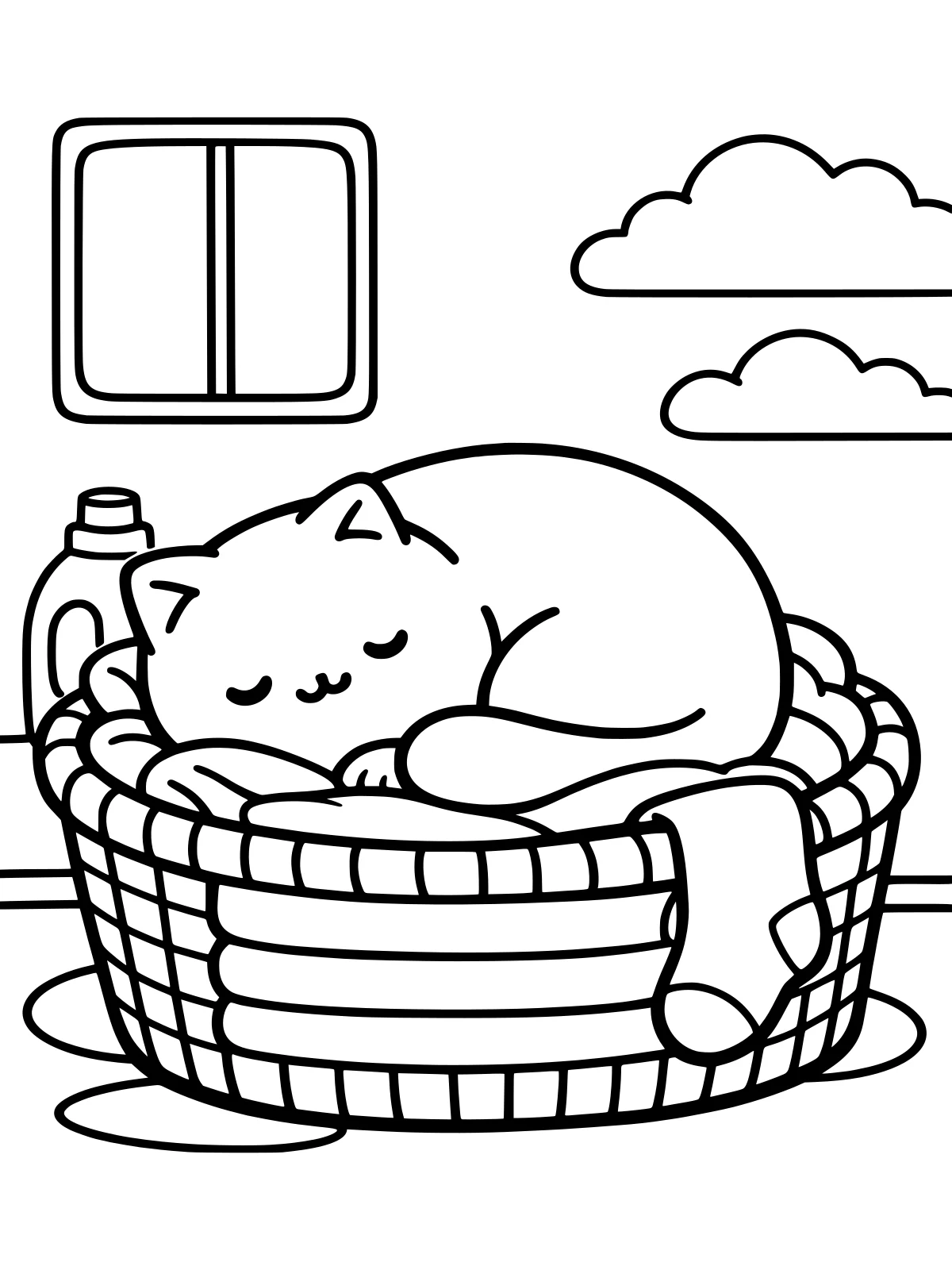 Cat Sleeping in a Laundry Basket coloring page: a round cat sleeps curled up in a big laundry basket on a pile of folded towels, one sock hanging over the edge, bold and easy line art
