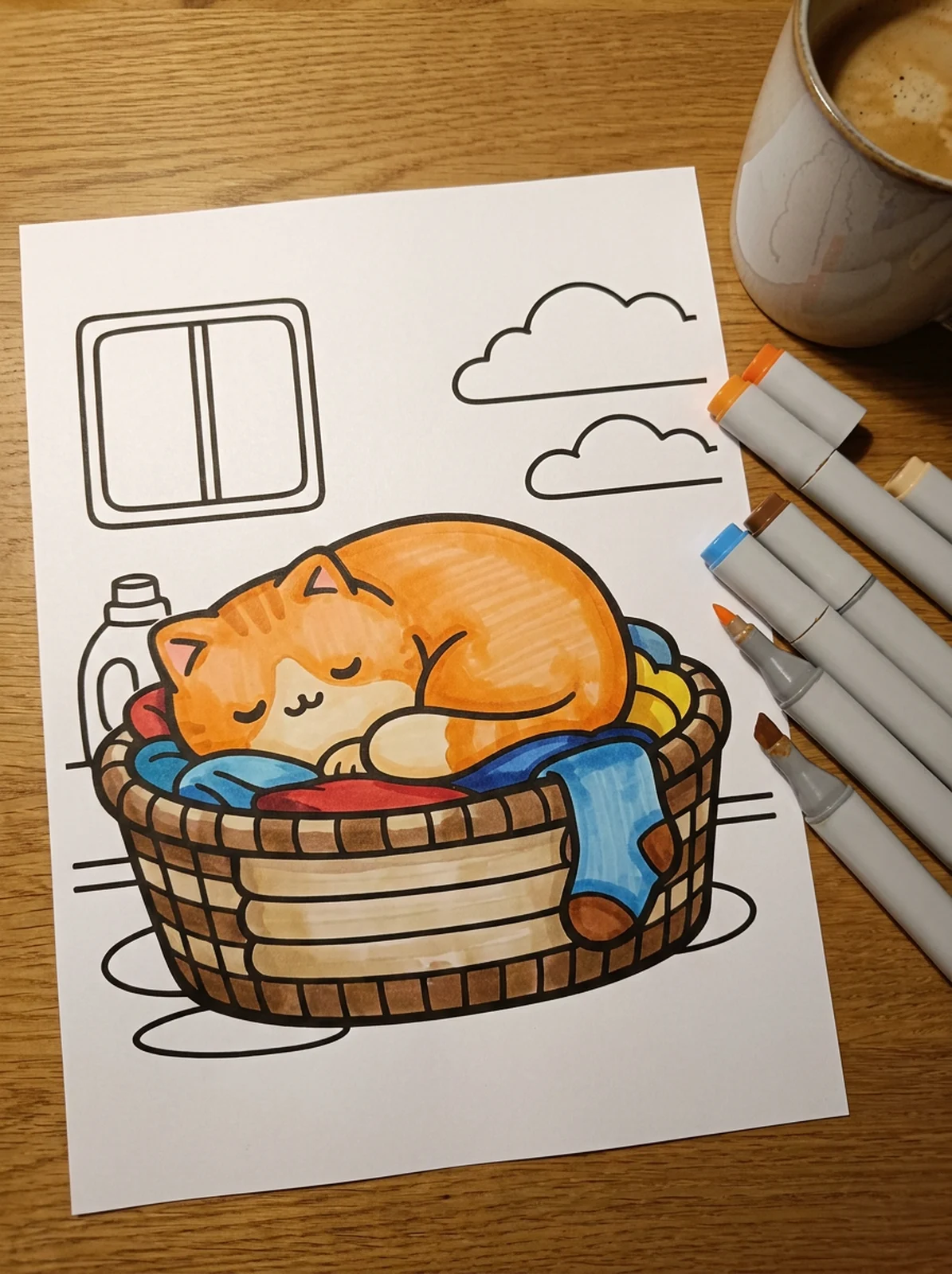 Cat Sleeping in a Laundry Basket coloring page printed and half colored with markers