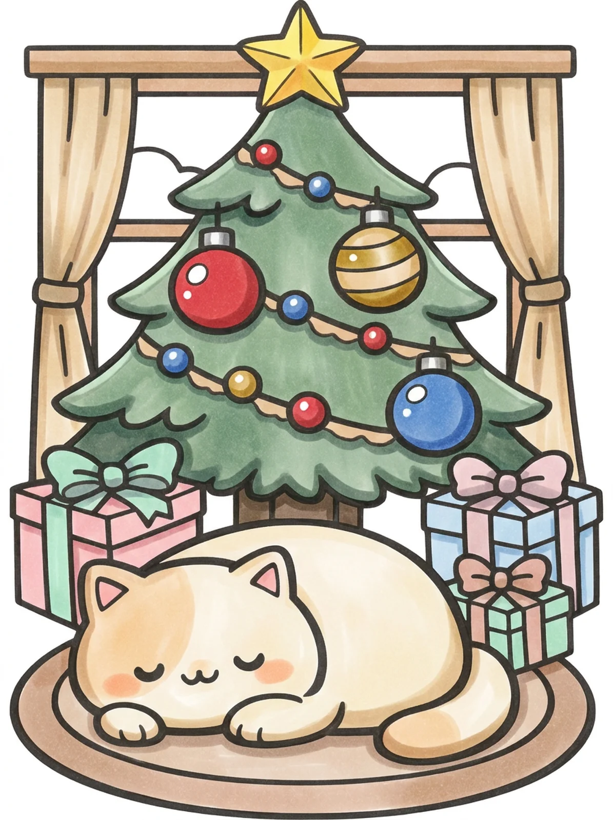 Cat Sleeping Under the Christmas Tree coloring page, colored in