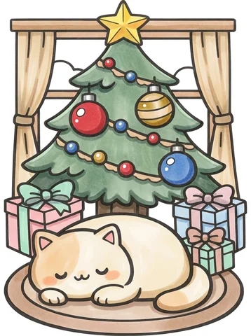 Cat Sleeping Under the Christmas Tree coloring page, colored in
