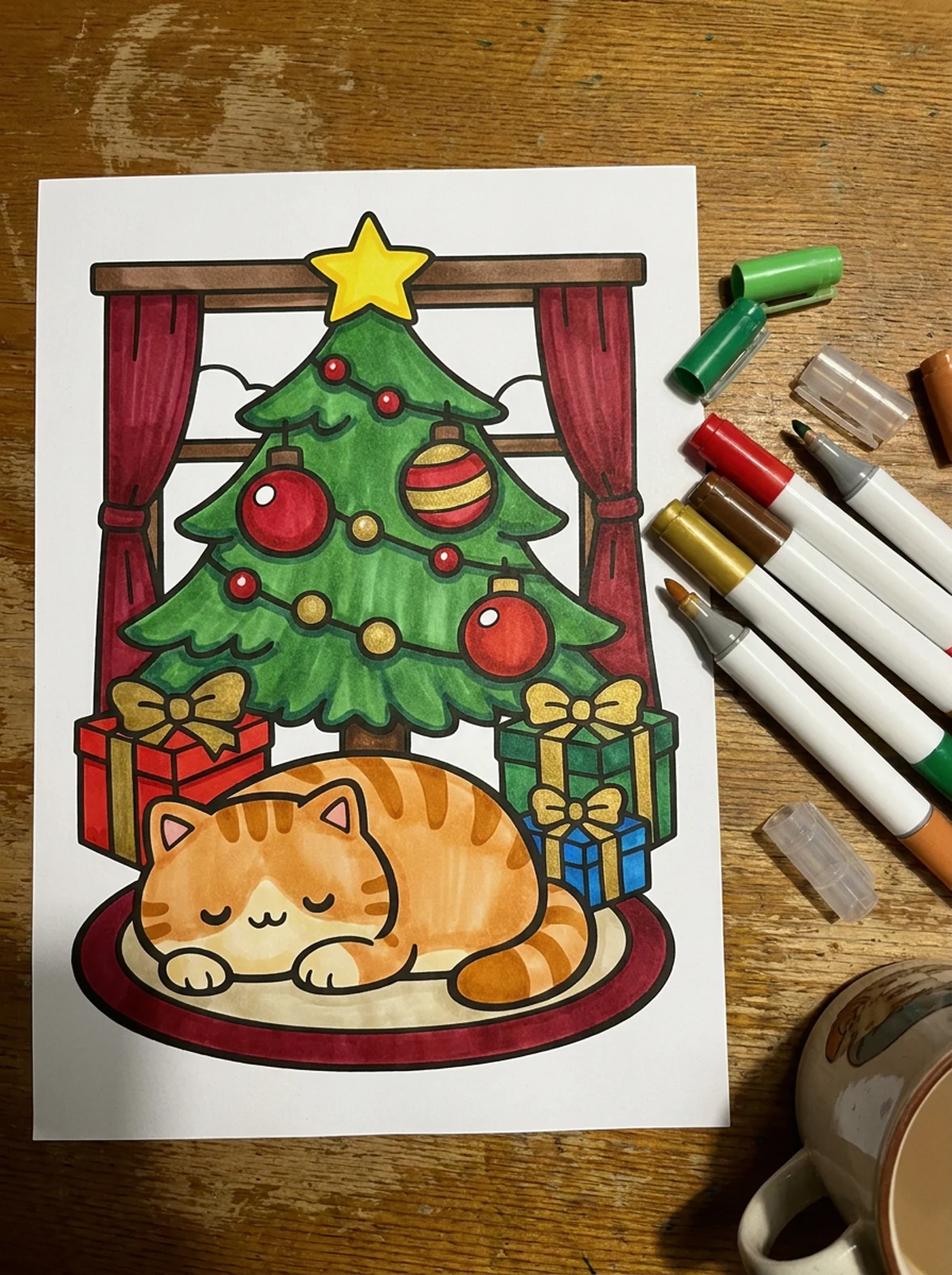 Cat Sleeping Under the Christmas Tree coloring page printed and half colored with markers