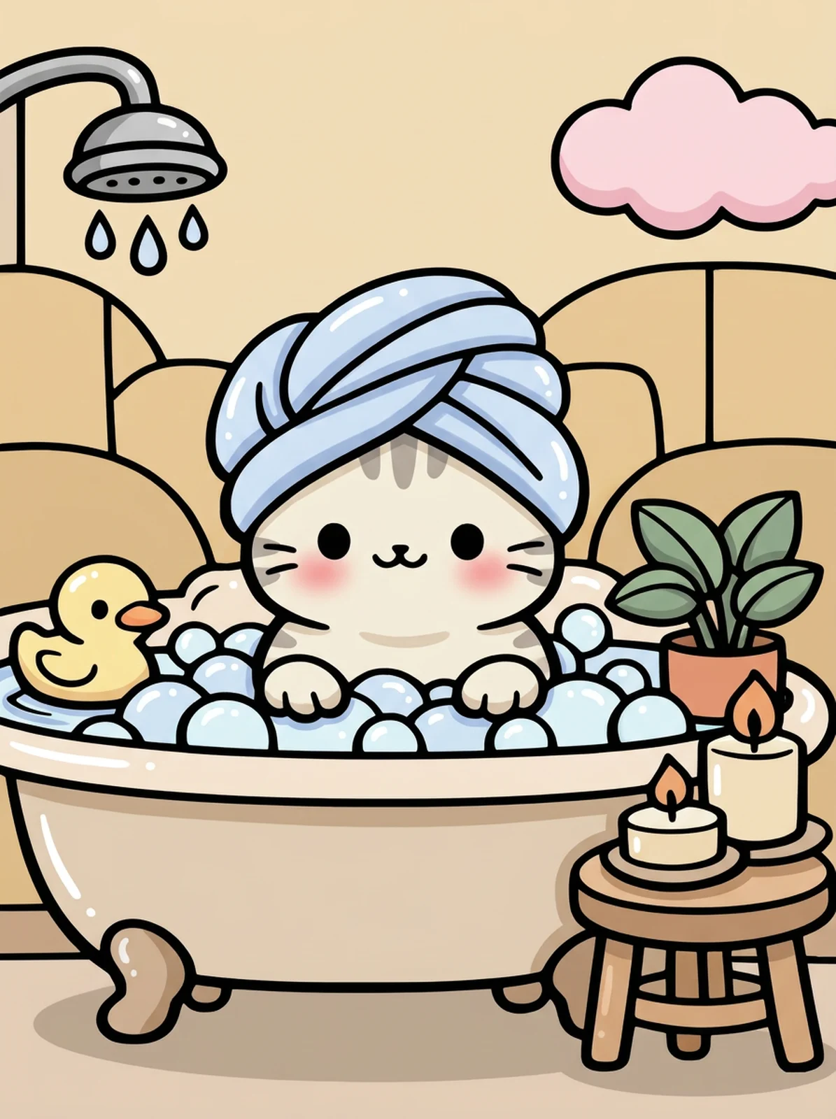 Cat Taking a Bubble Bath coloring page, colored in