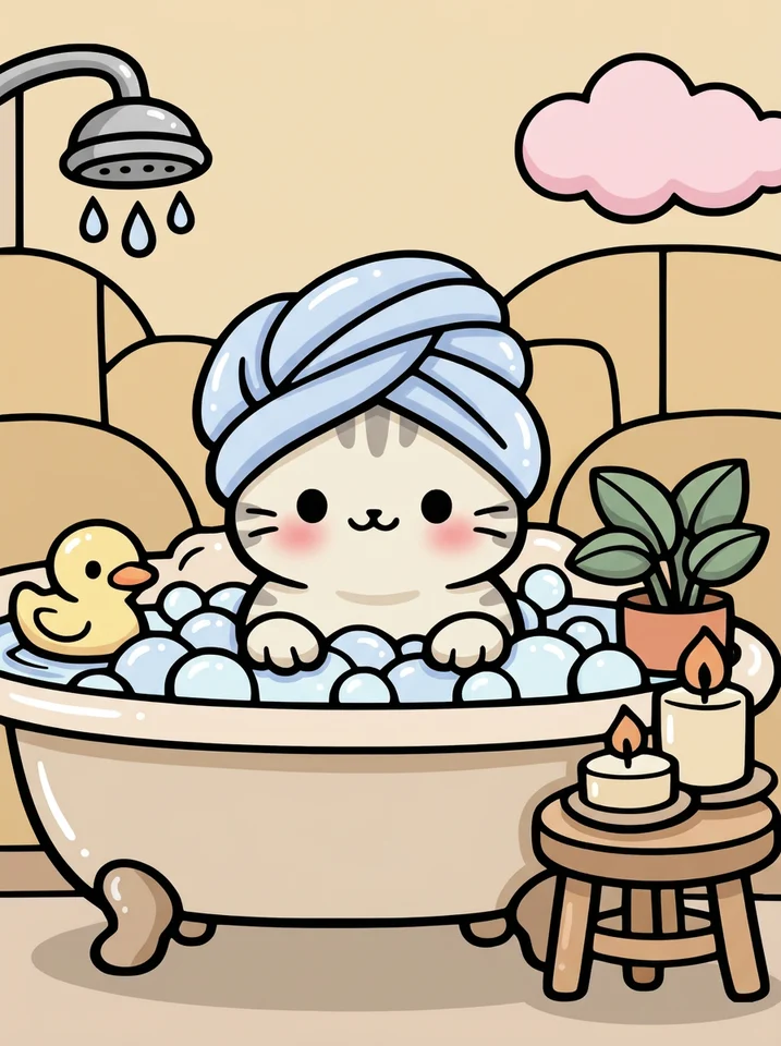Cat Taking a Bubble Bath coloring page, colored in