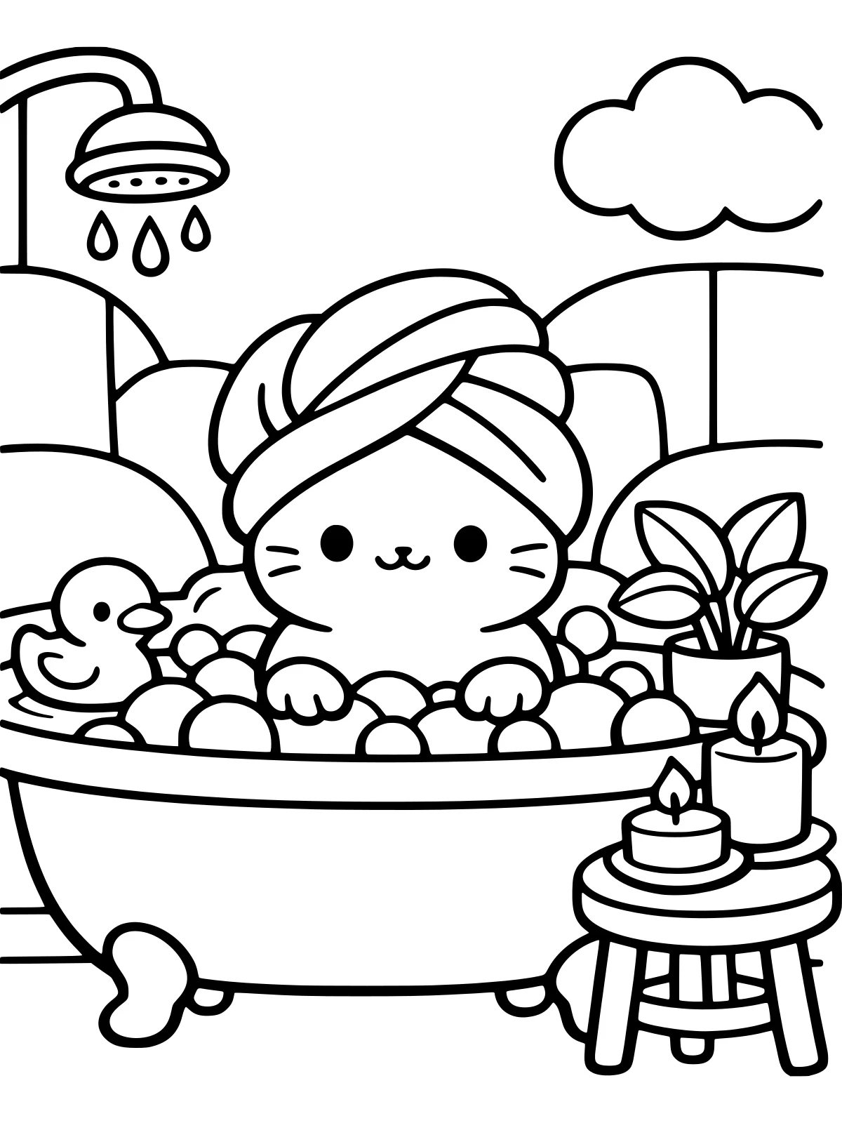 Cat Taking a Bubble Bath coloring page: a relaxed cat in a towel turban soaks in a clawfoot bathtub of big bubbles, with a rubber duck, a candle and a plant, bold and easy line art